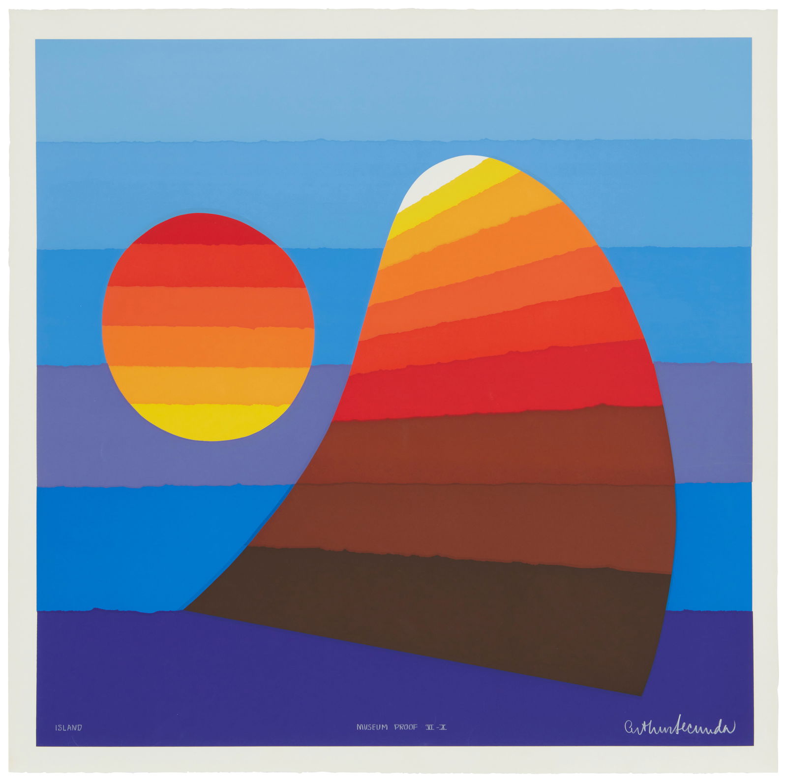 Arthur Secunda (1927-2022), "Island," 1974, Screenprint in colors on paper, Image: 27.75" H x 27.75": Arthur Secunda(1927-2022)"Island," 1974Screenprint in colors on paperEdition: A proof inscribed MP VI-X, aside from the edition of 300Signed, titled, and inscribed/numbered in the lower imag