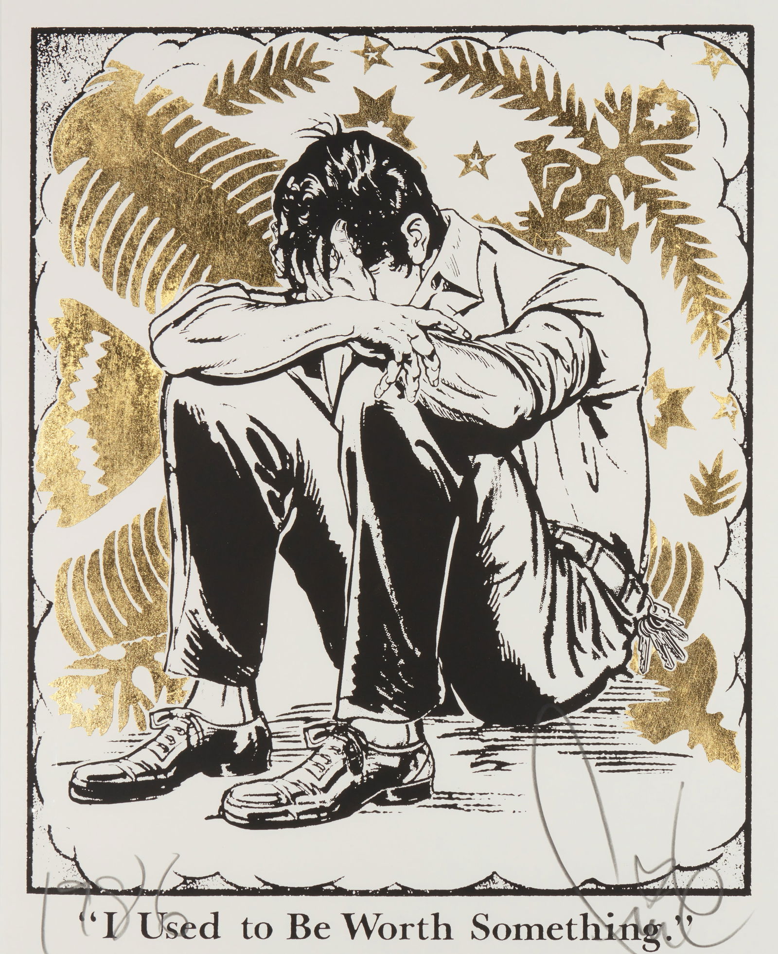 FAILE (Patrick McNeil (b. 1975) and Patrick Miller (b. 1976)), "I Used to be Worth Something,": FAILEPatrick McNeil (b. 1975) and Patrick Miller (b. 1976)"I Used to be Worth Something," 2011Lithograph with hand-pressed gold foil on paperSigned and inscribed in pencil in the lower edge: