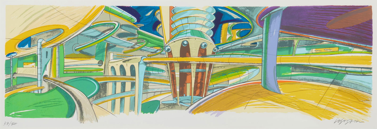 20th Century American School, Futuristic highway, Lithograph in colors on paper, Image: 24.25" H x (1 of 6)