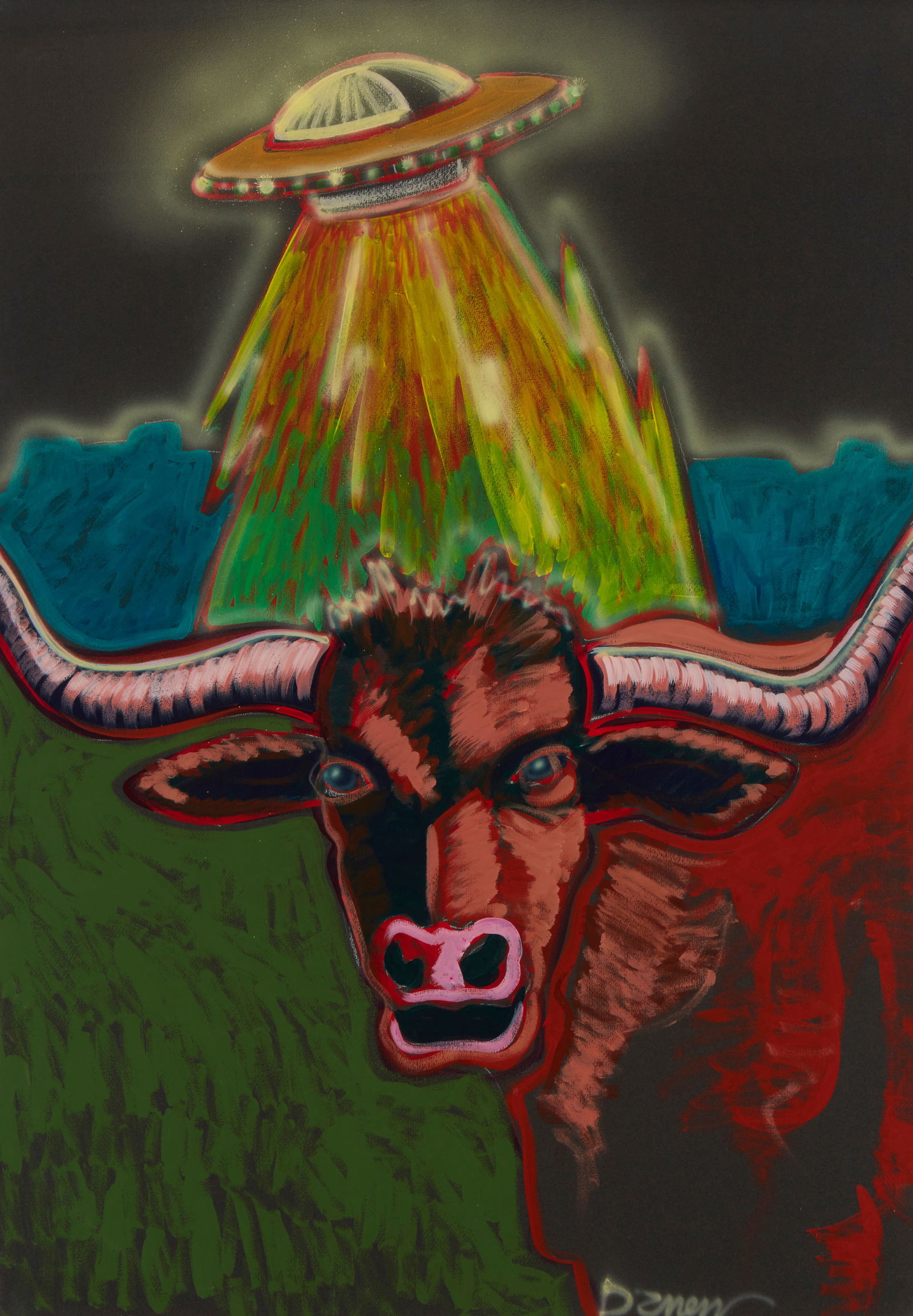 Darren Vigil Gray (b. 1959), Cow and UFO, Mixed media on thick black paper, 39.5" H x 27.5" W: Darren Vigil Gray(b. 1959)Cow and UFOMixed media on thick black paperSigned lower right: Darren39.5" H x 27.5" W