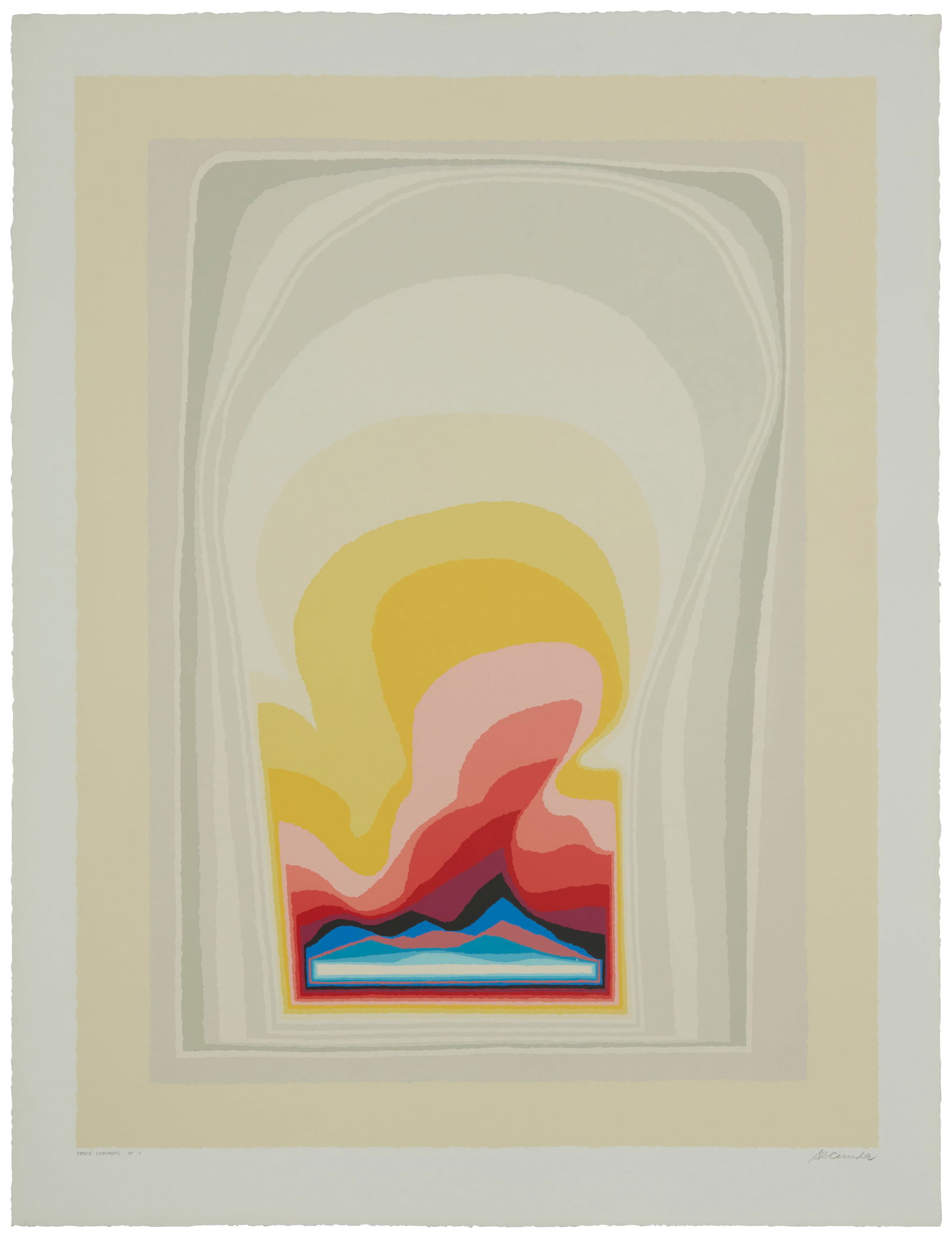 Arthur Secunda (1927-2022), "Space Curtains," 1980, Screenprint in colors on paper, Image: 40" H x: Arthur Secunda(1927-2022)"Space Curtains," 1980Screenprint in colors on paperEdition: AP 5, an artist's proof aside from the edition of 250Signed, tilted, and inscribed/numbered in pencil in