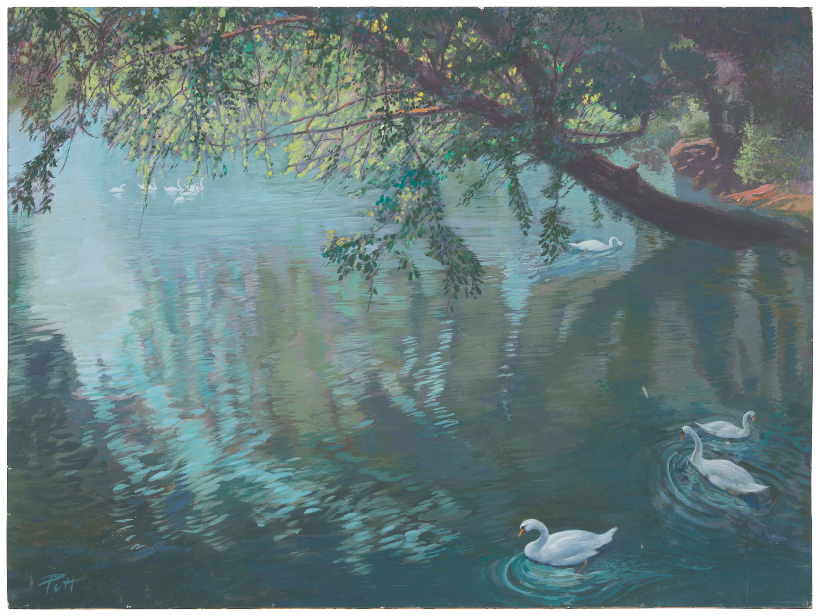 Donald "Putt" Putman (1926-2007), Swans, Acrylic on paper laid to board, 30" H x 40" W (1 of 5)