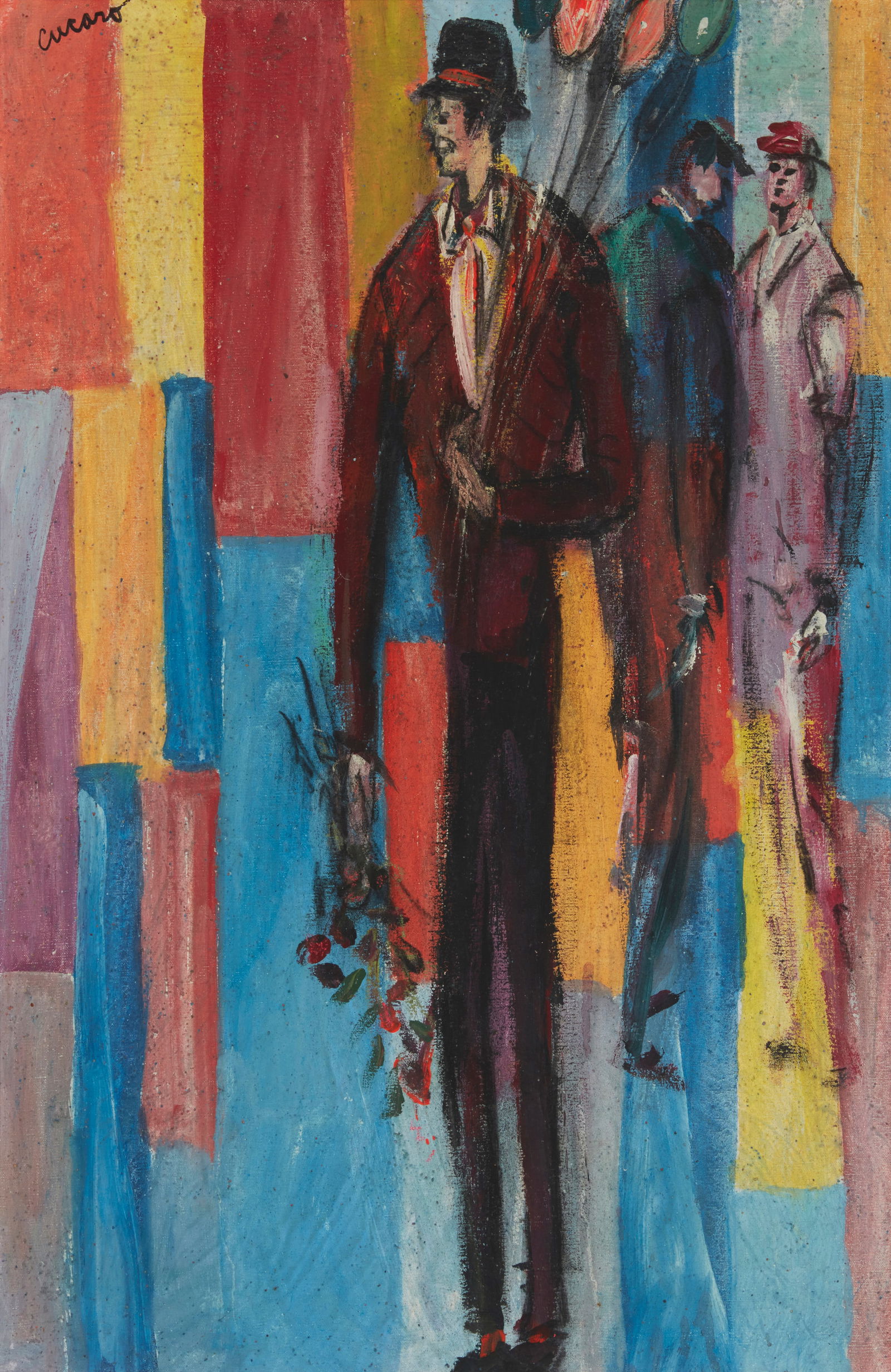 Pascal Cucaro (1915-2004), Balloon vendor with flowers, Oil on canvas, 36" H x 24" W: Pascal Cucaro(1915-2004)Balloon vendor with flowersOil on canvasSigned upper left: Cucaro36" H x 24" W