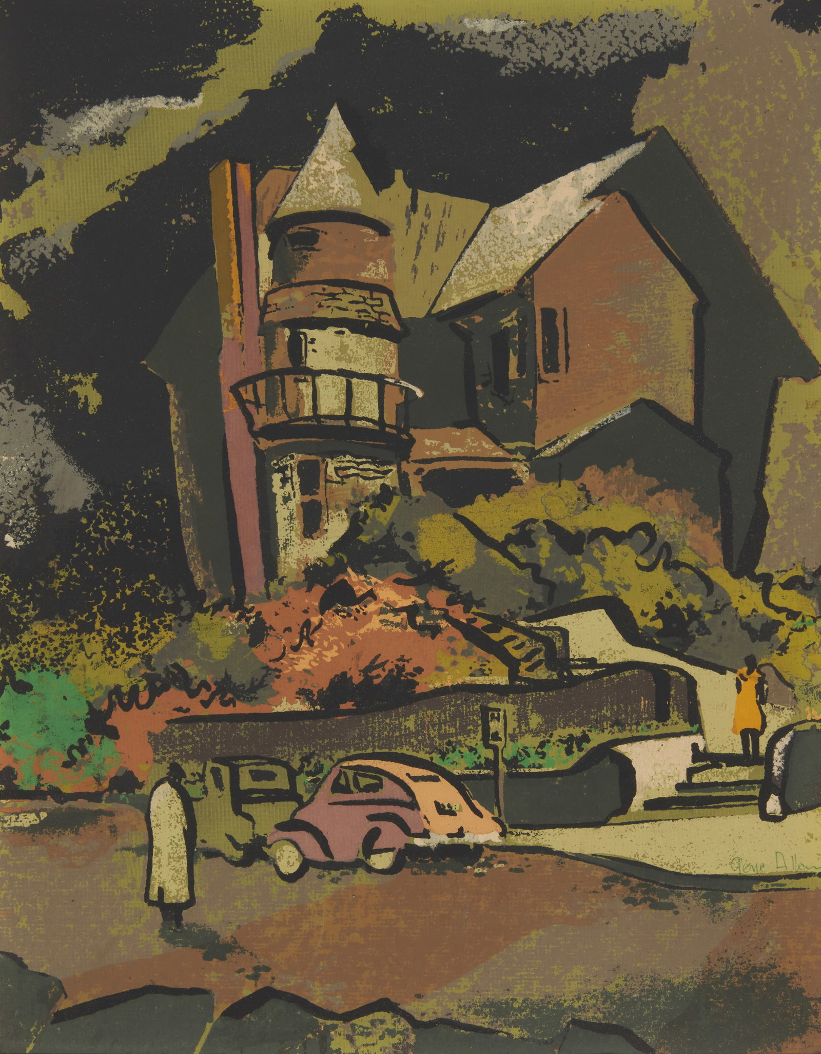 Gene Allen (1918-2015), House on the corner, Oil on canvas laid to Masonite, 14" H x 11" W: Gene Allen (1918-2015) House on the corner Oil on canvas laid to Masonite Signed in green pen near the lower portion of the right edge: Gene Allen 14" H x 11" W