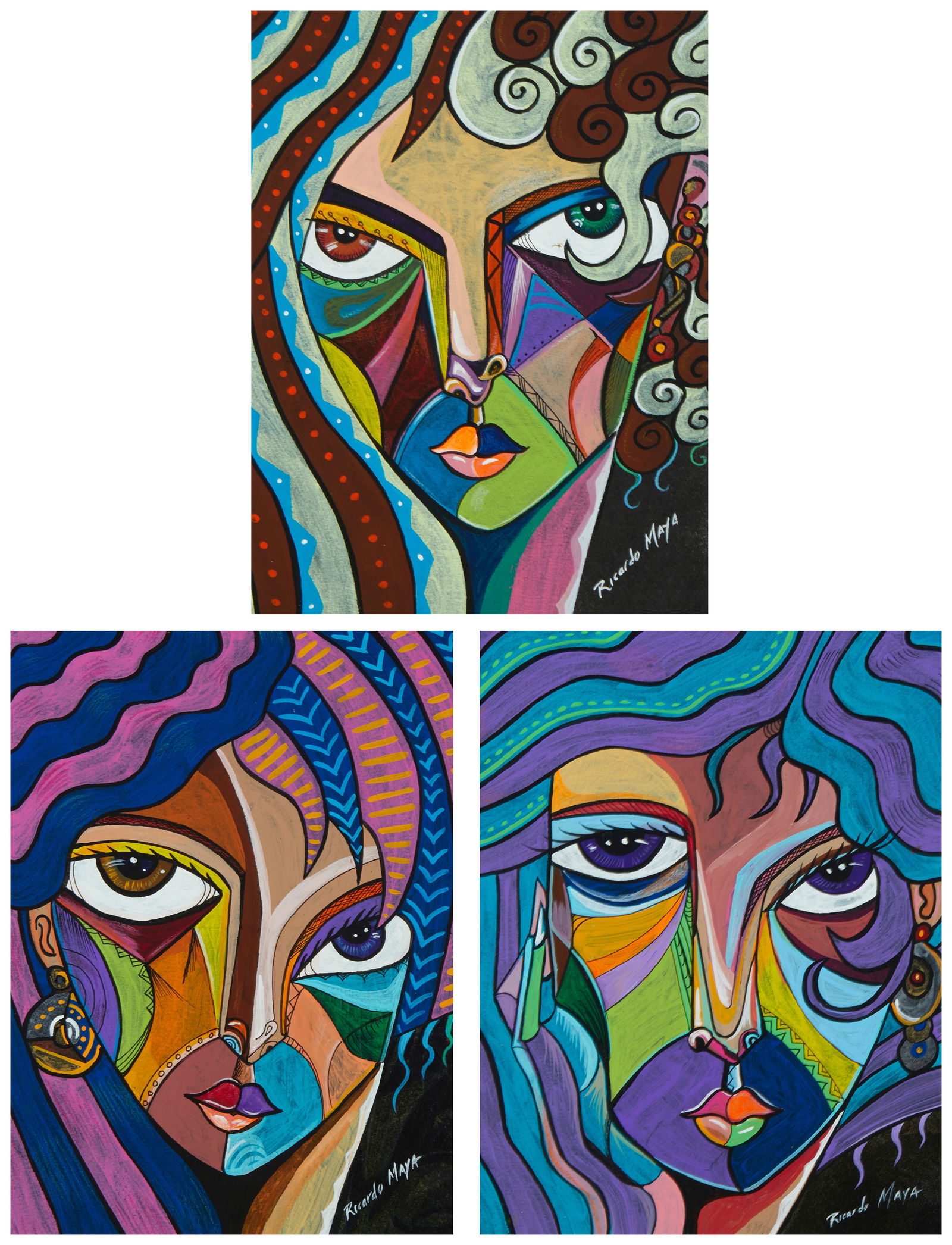 Ricardo Maya (b. 1969); Three abstracted portraits, Each mixed media on paper laid to paperboard, (1 of 14)