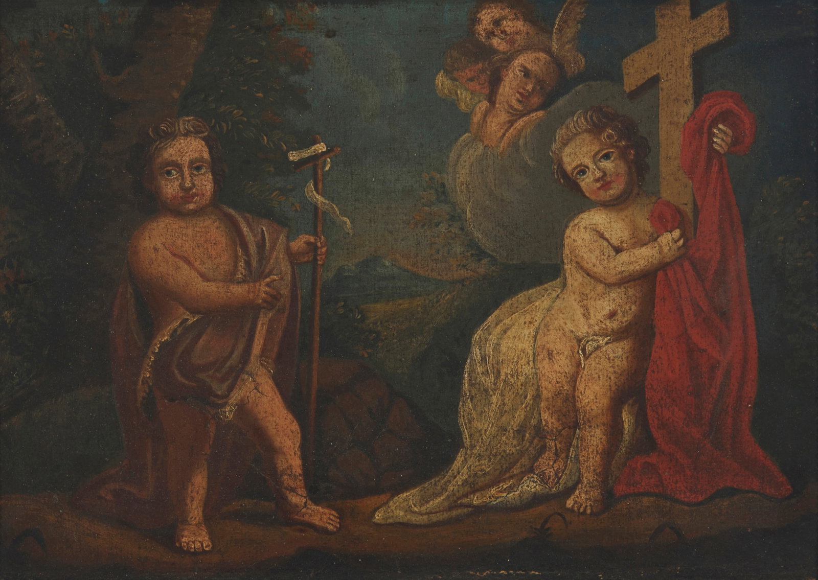 18th Century Spanish Colonial School, Cherubs with Christian symbols, Oil on canvas, 9" H x 13" W: 18th Century Spanish Colonial School Cherubs with Christian symbols Oil on canvas Unsigned 9" H x 13" W