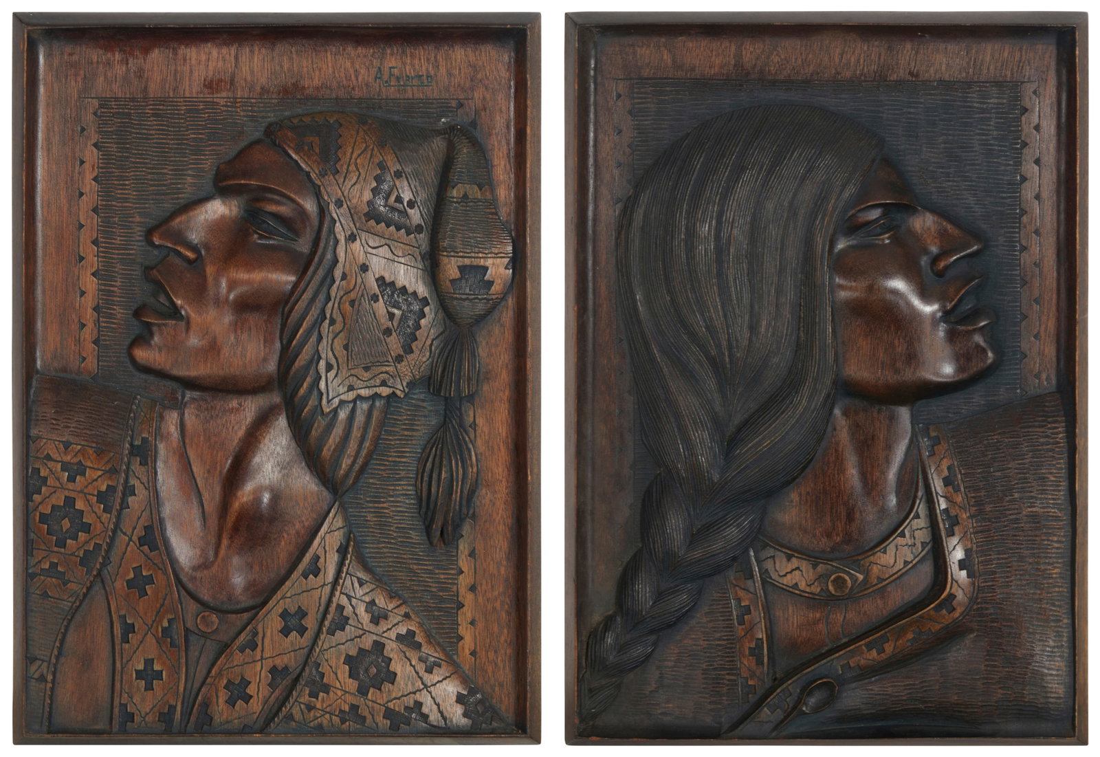 A pair of carved wood portrait panels: A pair of carved wood portrait panels 20th century With the incised signature near the upper right corner of the male figure: A. Franco Each panel: 16.875" H x 12.25" W x 1" D