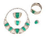 A group of Fred Davis Mexican silver and malachite mask jewelry