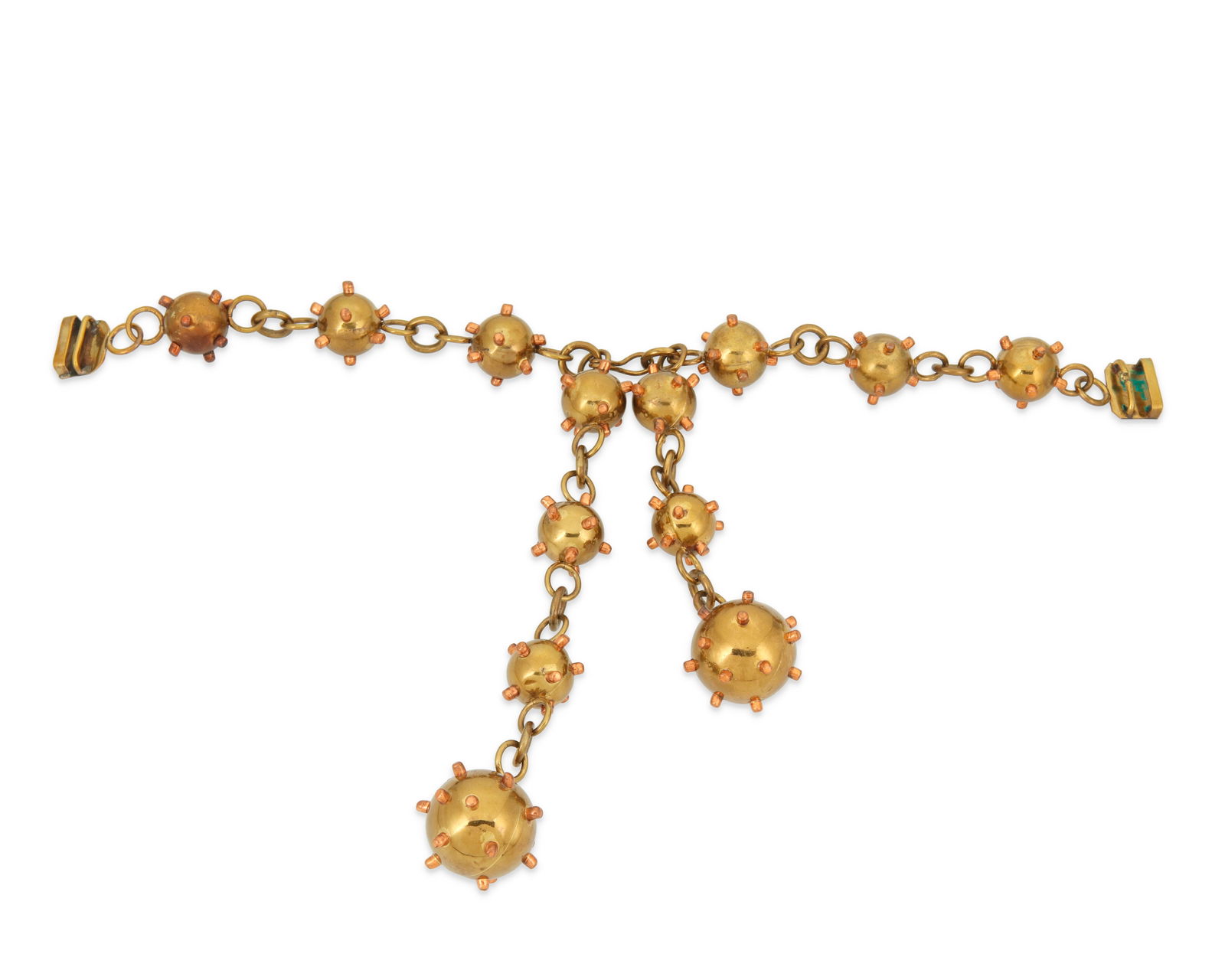 A Hubert Harmon mixed metal "Sputnik" belt: A Hubert Harmon mixed metal "Sputnik" beltHubert Harmon, (1913-2004)Circa 1942-1948; Mexico City, MexicoStamped: Hubert Harmon / MexicoA two-piece brass link belt with two brass and copper &