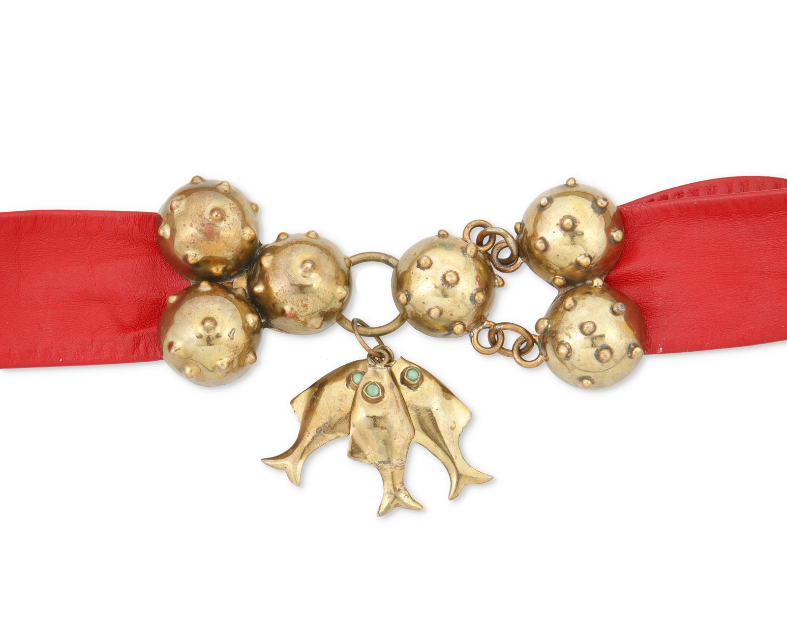 A Hubert Harmon brass and leather belt: A Hubert Harmon brass and leather beltHubert Harmon (1913-2004)Circa 1942-1948; Taxco, MexicoStamped: Hubert Harmon / MexicoComprising a two-part brass hook buckle with whimsical stylized "Sputni