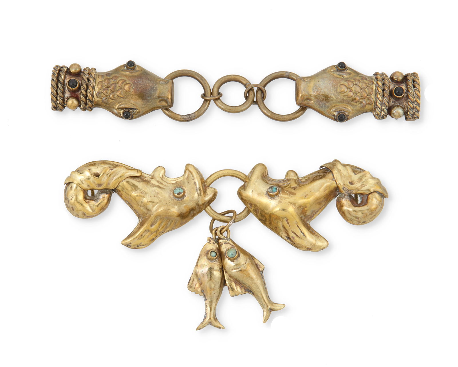 Two Hubert Harmon brass and leather belts: Two Hubert Harmon brass and leather beltsHubert Harmon (1913-2004)Circa 1942-1948; Mexico CityEach stamped: Hubert Harmon / MexicoTwo works comprising a belt with a double brass serpent head hook buck