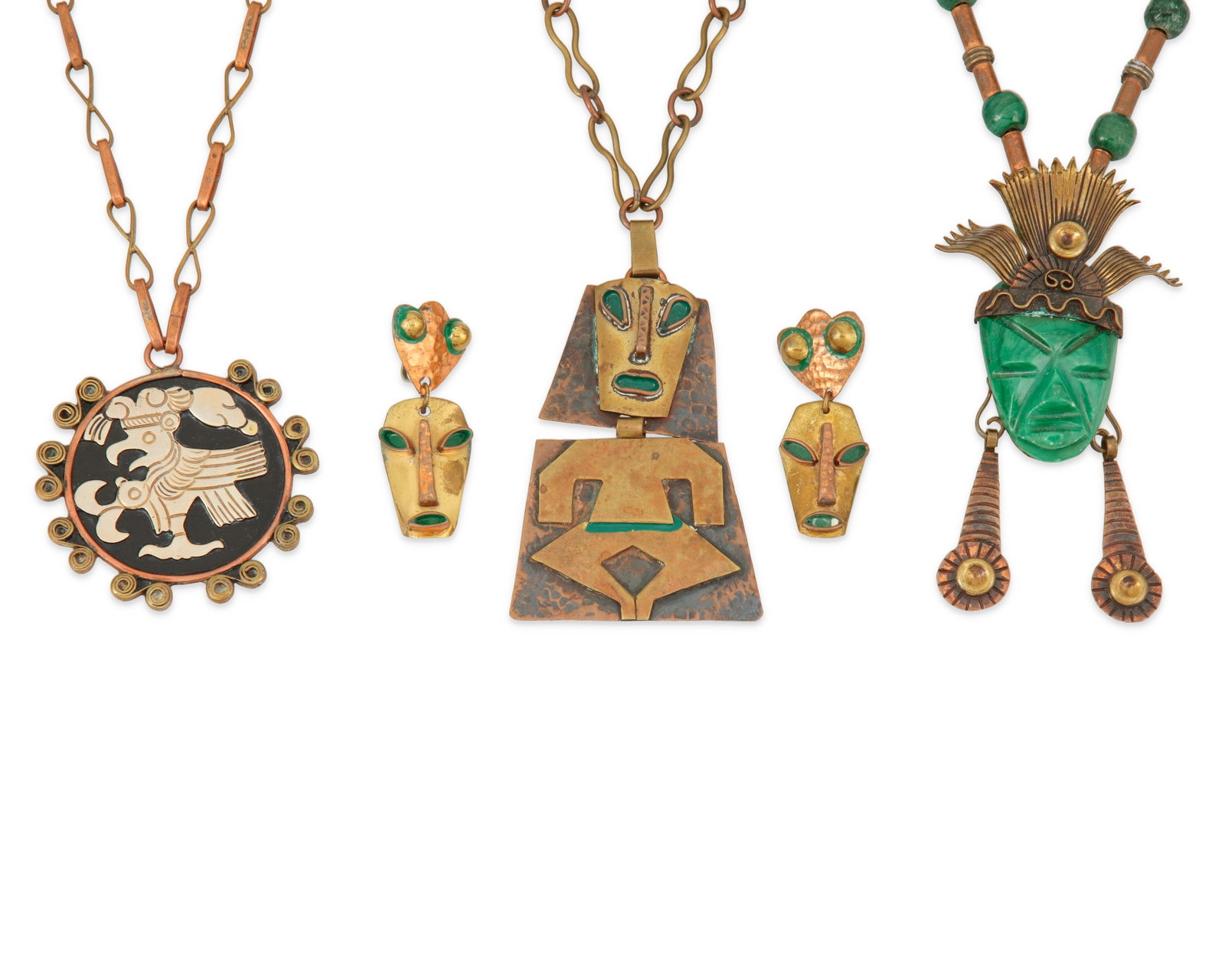 A group of Mexican jewelry including Casa Maya: A group of Mexican jewelry including Casa Maya Mid/late 20th century; Mexico City, Mexico Each stamped for Mexico; Earrings further stamped: Maya Four works comprising a mixed metal overlay Mexican ea