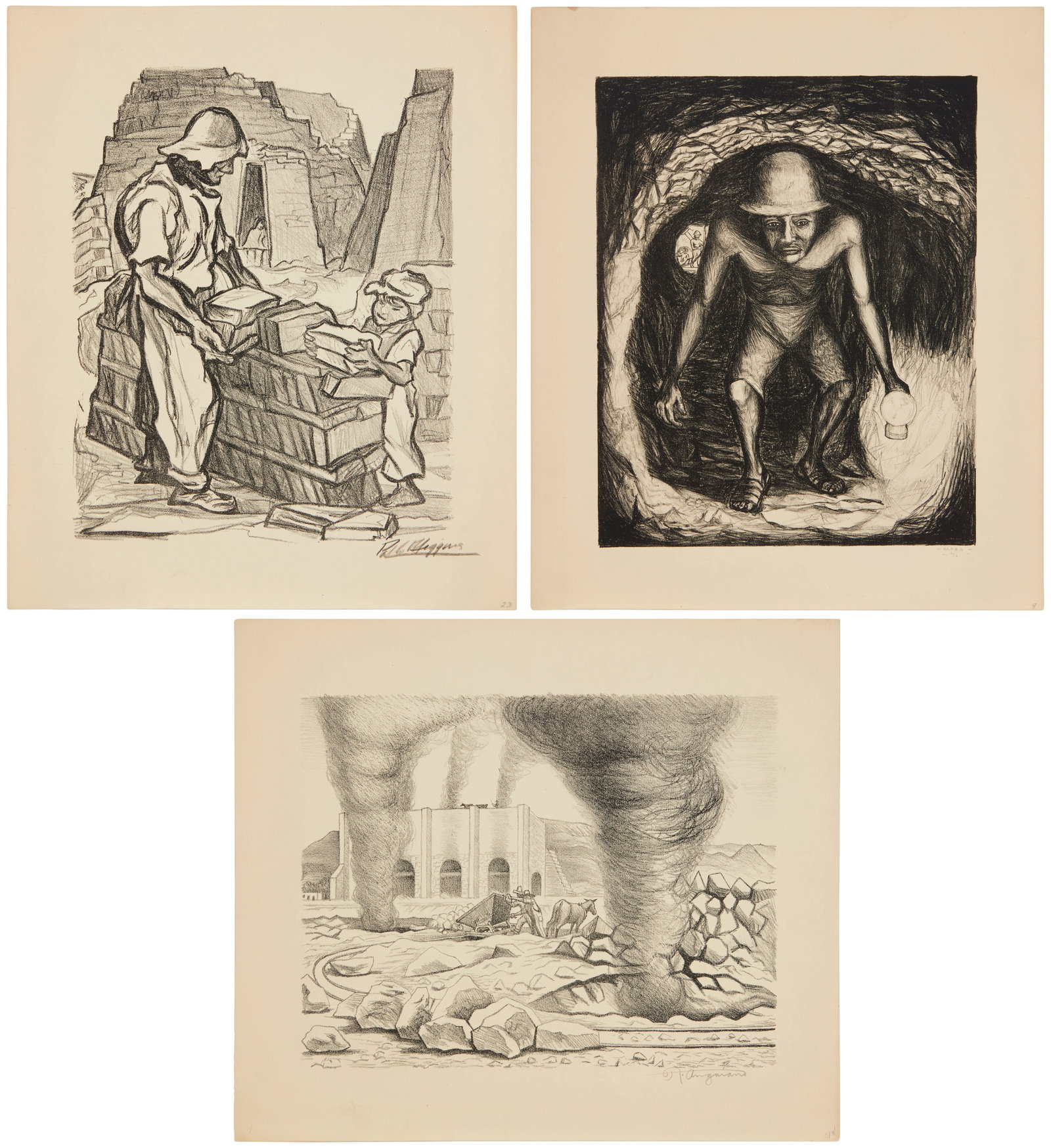 Three plates from the "Mexican People" portfolio, 1946: Raul Anguiano (1915-2006), "Lime Kilns; " (1 of 12)
