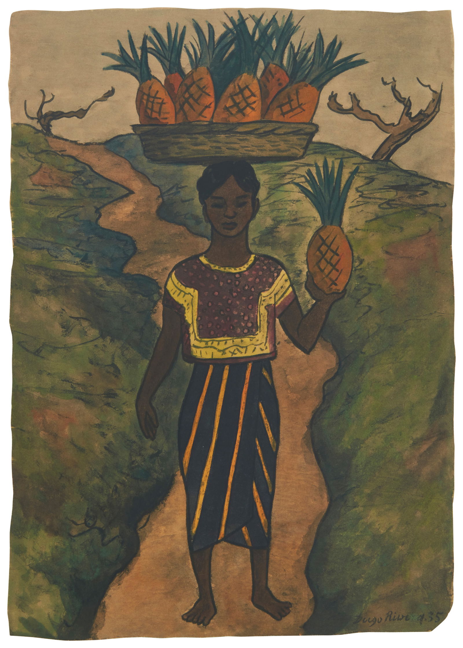 After Diego Rivera (1886-1957), Woman with pineapples, Photomechanical reproduction and watercolor (1 of 5)