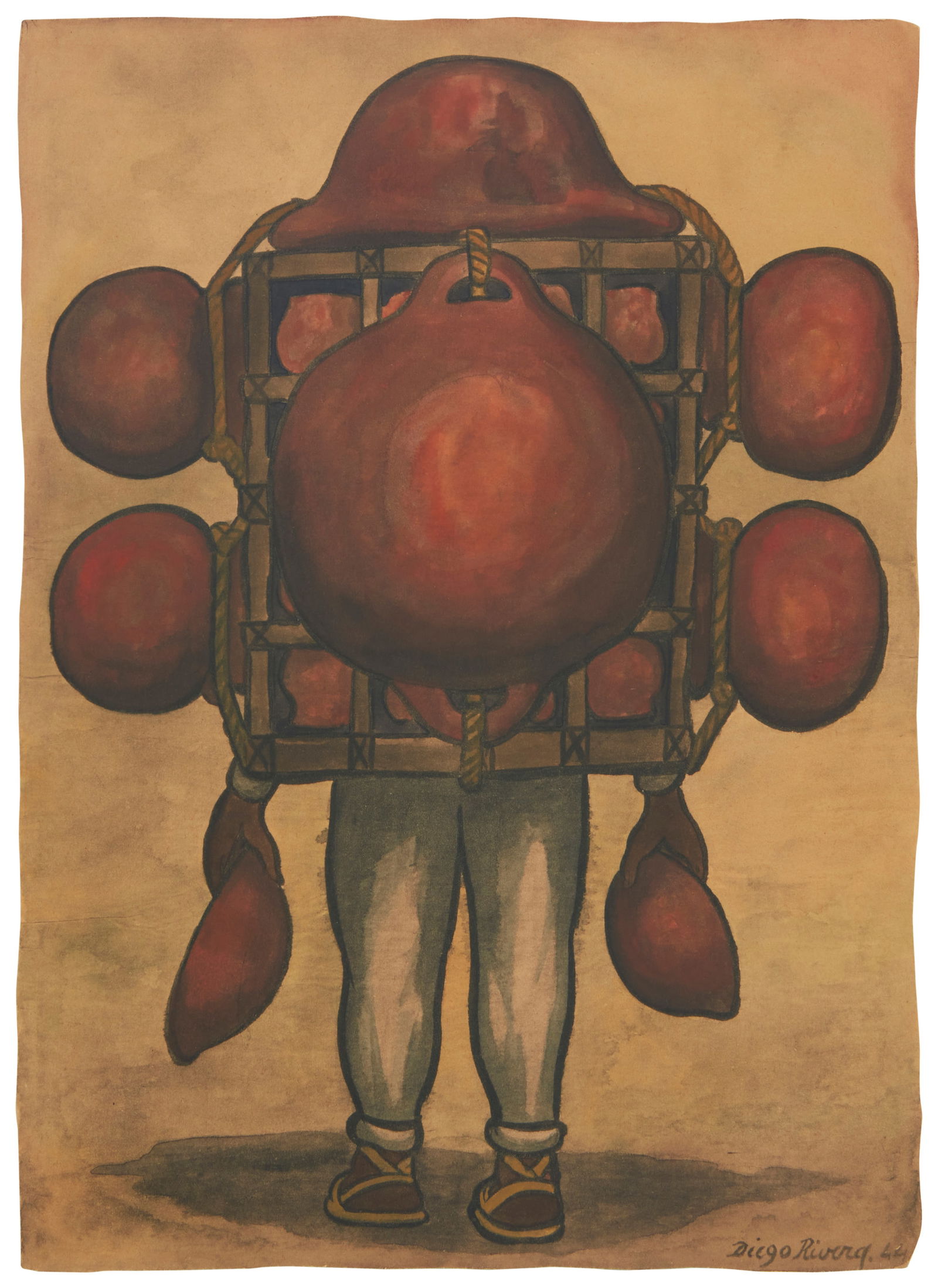After Diego Rivera (1886-1957), Man carrying ceramic pots, Photomechanical reproduction and: After Diego Rivera(1886-1957)Man carrying ceramic potsPhotomechanical reproduction and watercolor on wove paperFrom the edition of unknown size and dateWith the signature and date printed in the image