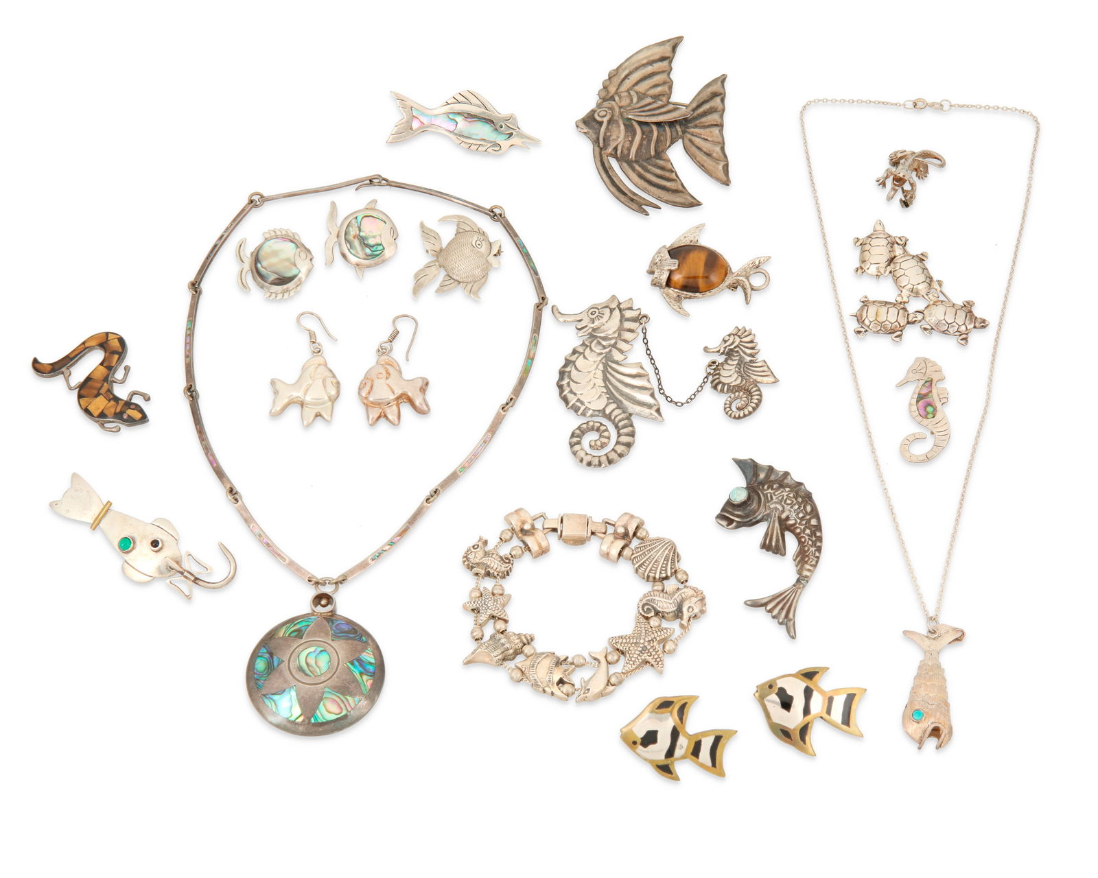 A large group of Mexican aquatic-themed silver jewelry (1 of 2)