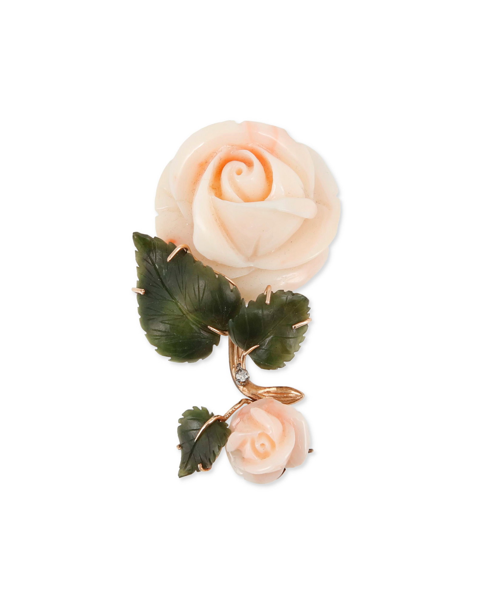 A Carved Coral Diamond Nephrite Rose Gold Brooch: A Carved Coral Diamond Nephrite Rose Gold Brooch Stamped 585 Set with two carved pink coral roses, the yellow gold stem set with 1 round brilliant-cut diamond, set in 14K gold 31.88 grams gross 2.5&qu