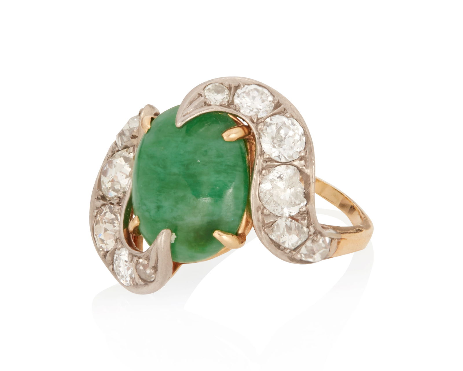 A Jadeite, Diamond, and Gold Ring: A Jadeite, Diamond, and Gold RingCentering an oval-shaped cabochon jadeite measuring approximately 12.9mm x 10.4mm x 4.9mm surrounded by 12 old European-cut diamonds totaling approximately .96 carat,