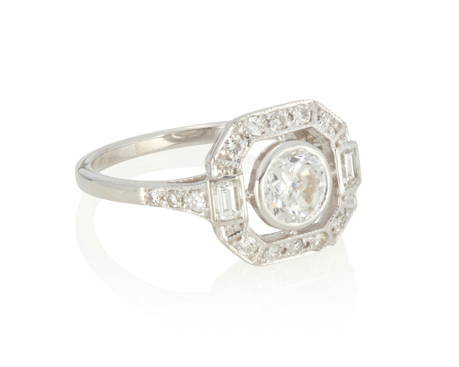 A Diamond Ring: A Diamond RingCentering a round brilliant-cut diamond, weighing approximately .90 carat and flanked by 2 baguette-cut and 18 round brilliant-cut diamonds, totaling approximately .22 carat, 18K white g