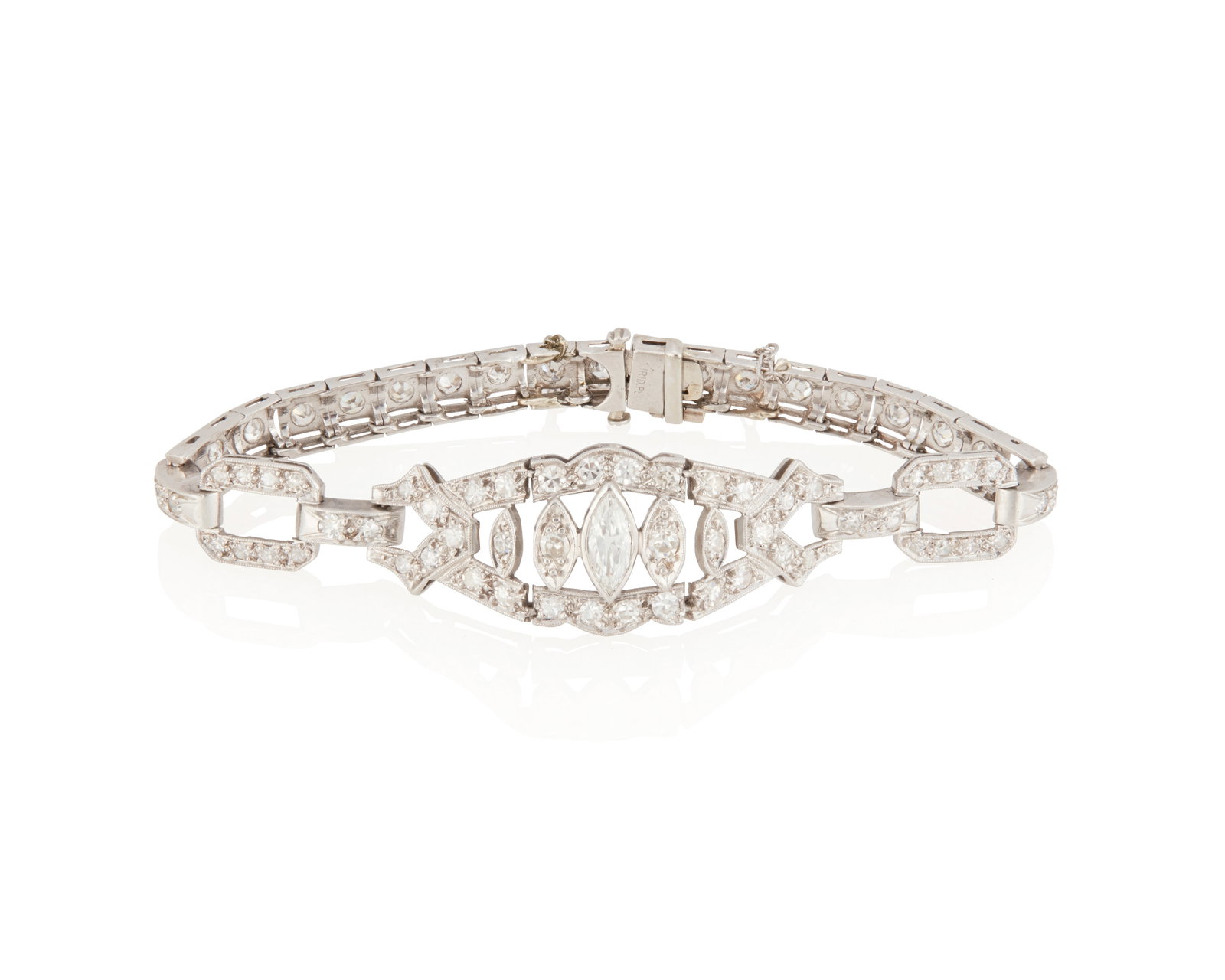 A Diamond Bracelet: A Diamond Bracelet Centering a marquise-cut diamond measuring approximately 6mm x 4.1mm x 1.9mm weighing approximately .26 carat, further accented by 71 round single-cut diamonds totaling approximatel