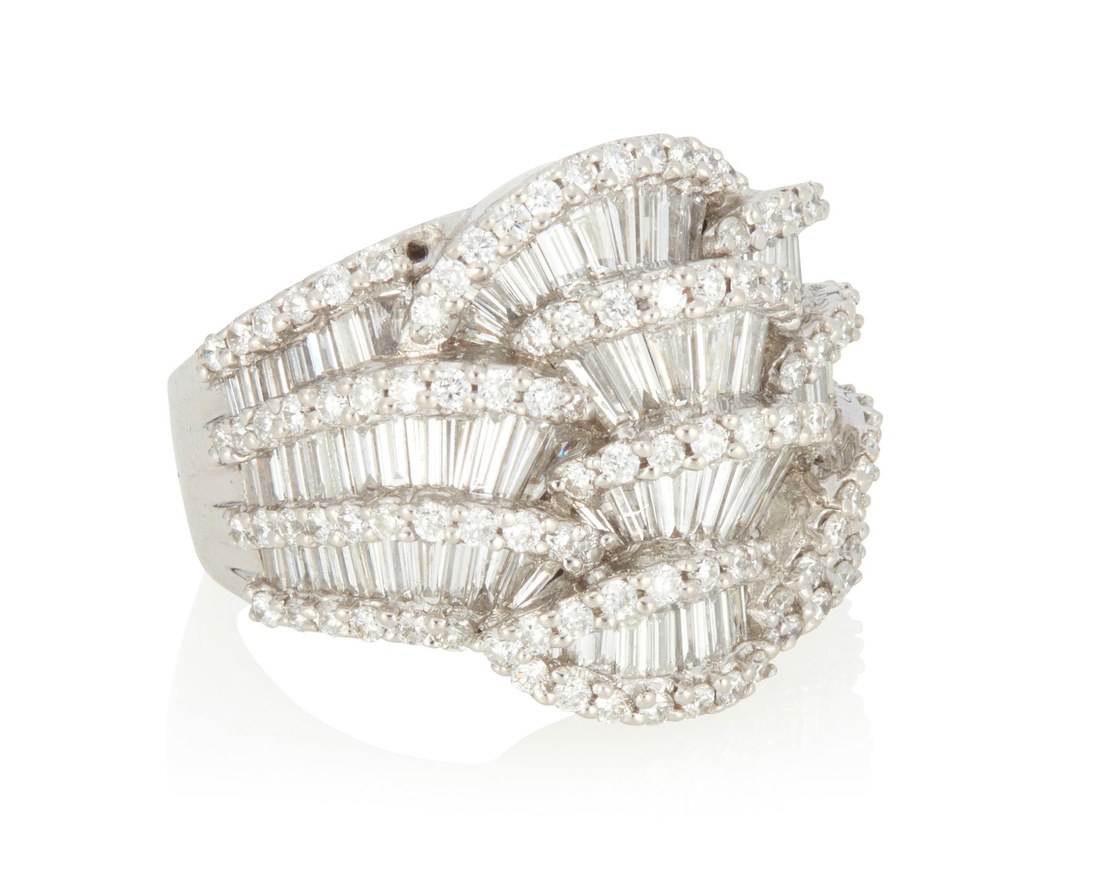 A Diamond Ring: A Diamond RingComprised of 54 baguette-cut diamonds weighing approximately .81 carat, further accented by 52 round brilliant-cut diamonds weighing approximately .52 carat, 18K white gold14.31 grams gr
