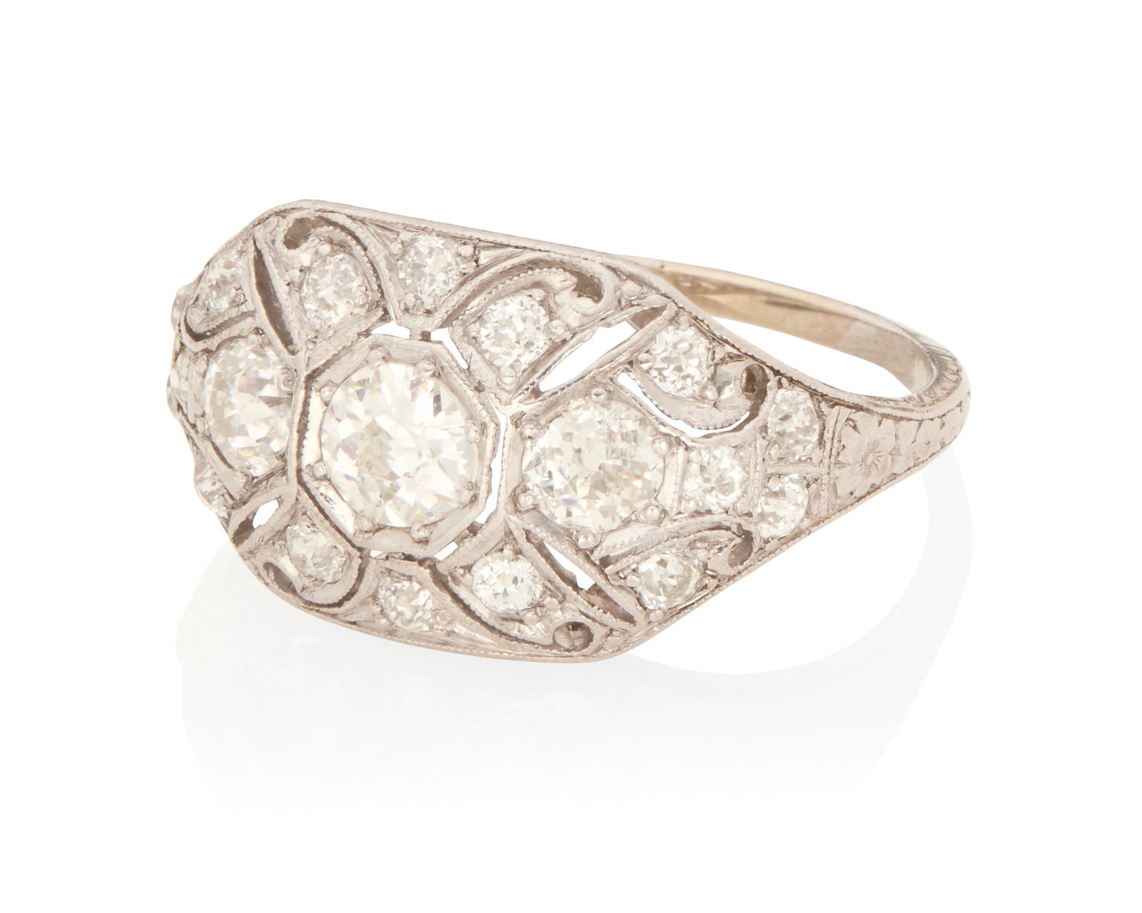 A Diamond Ring: A Diamond Ring Centering an old European-cut diamond weighing approximately .30 carat, accented by 18 round brilliant-cut diamonds weighing approximately 1.12 carat, set in 14K gold 3.6 grams gross Ri