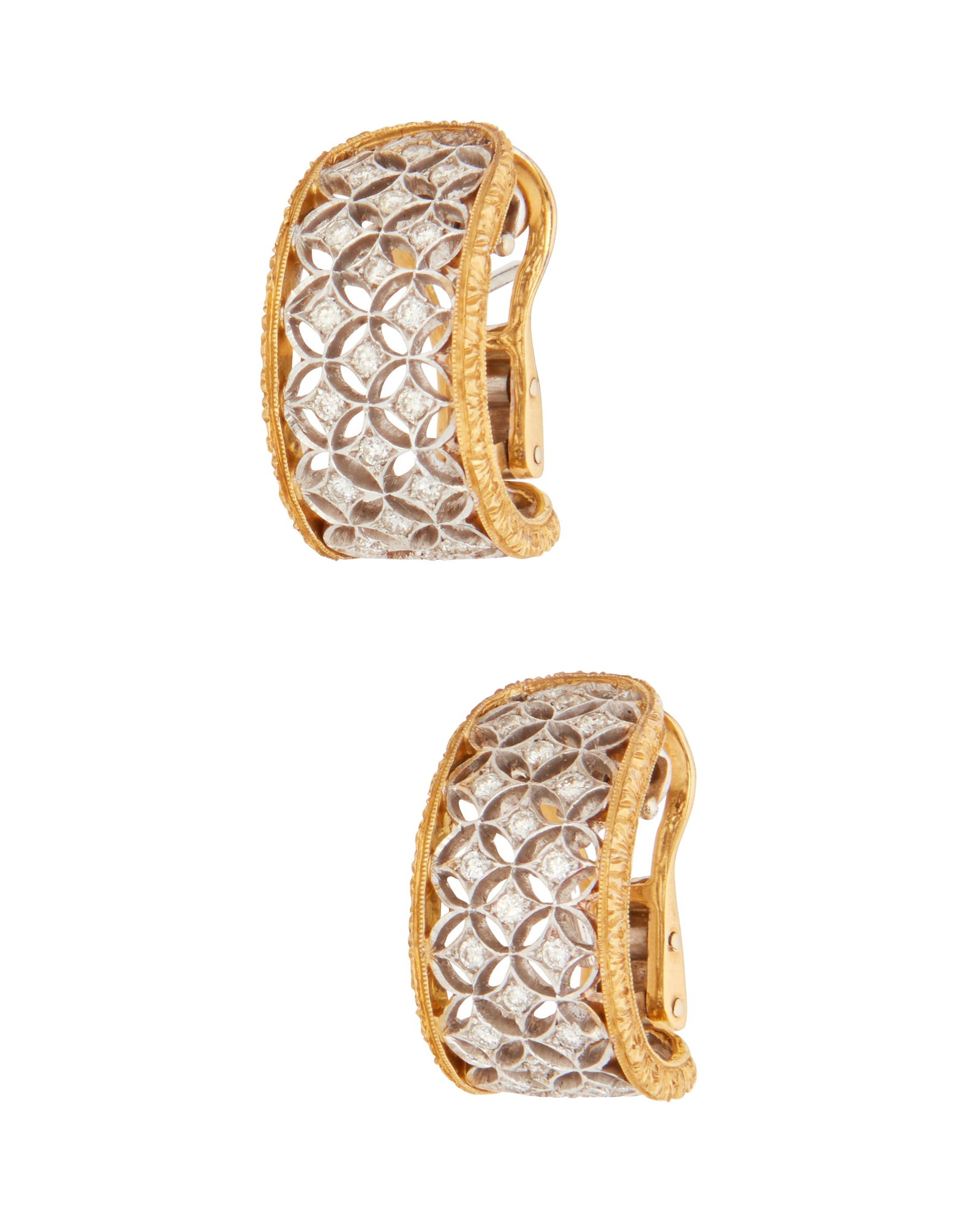 A Pair of Diamond and Gold Earrings: A Pair of Diamond and Gold Earrings 18K gold, Stamped with Italian hallmarks Featuring clip-on earrings with 44 round brilliant cut diamonds weighing approximately .18 carat 2 pieces 13.80 grams gross