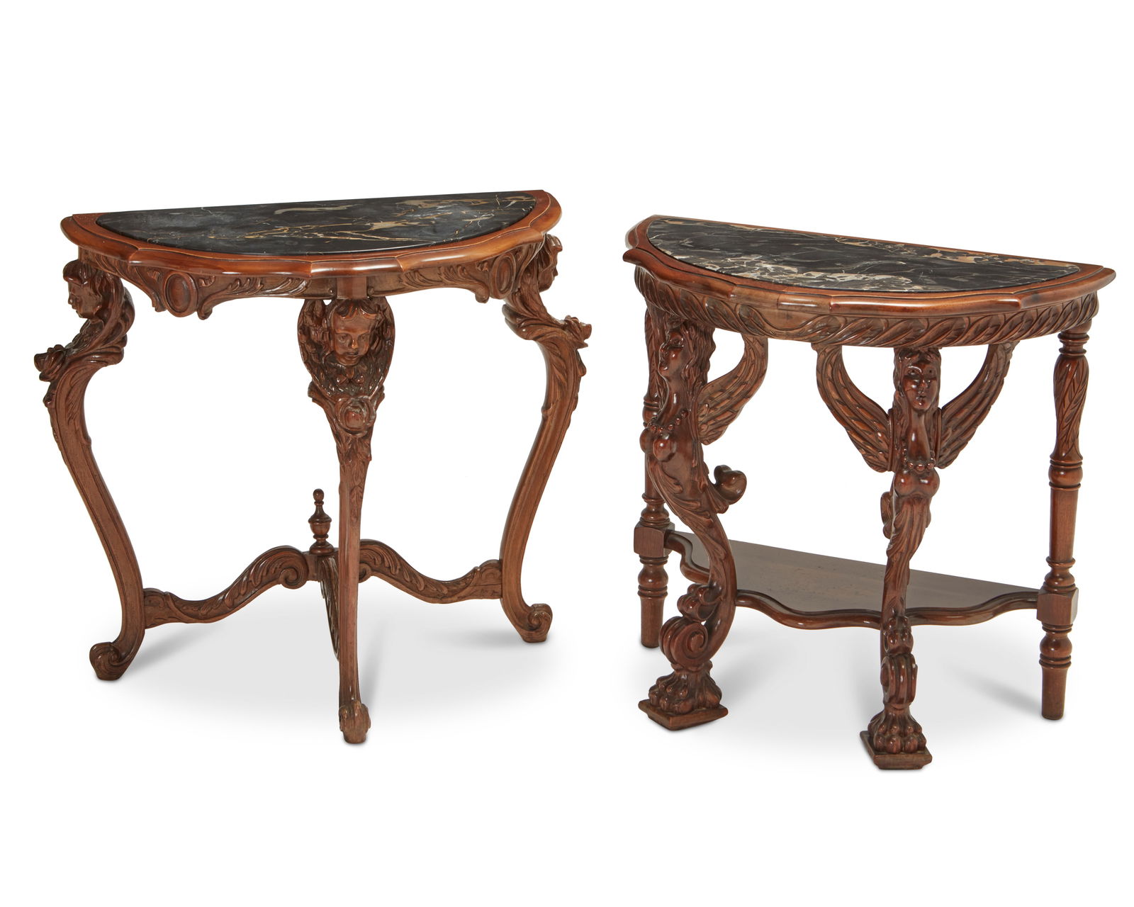 Two small carved wood demilune tables (1 of 6)