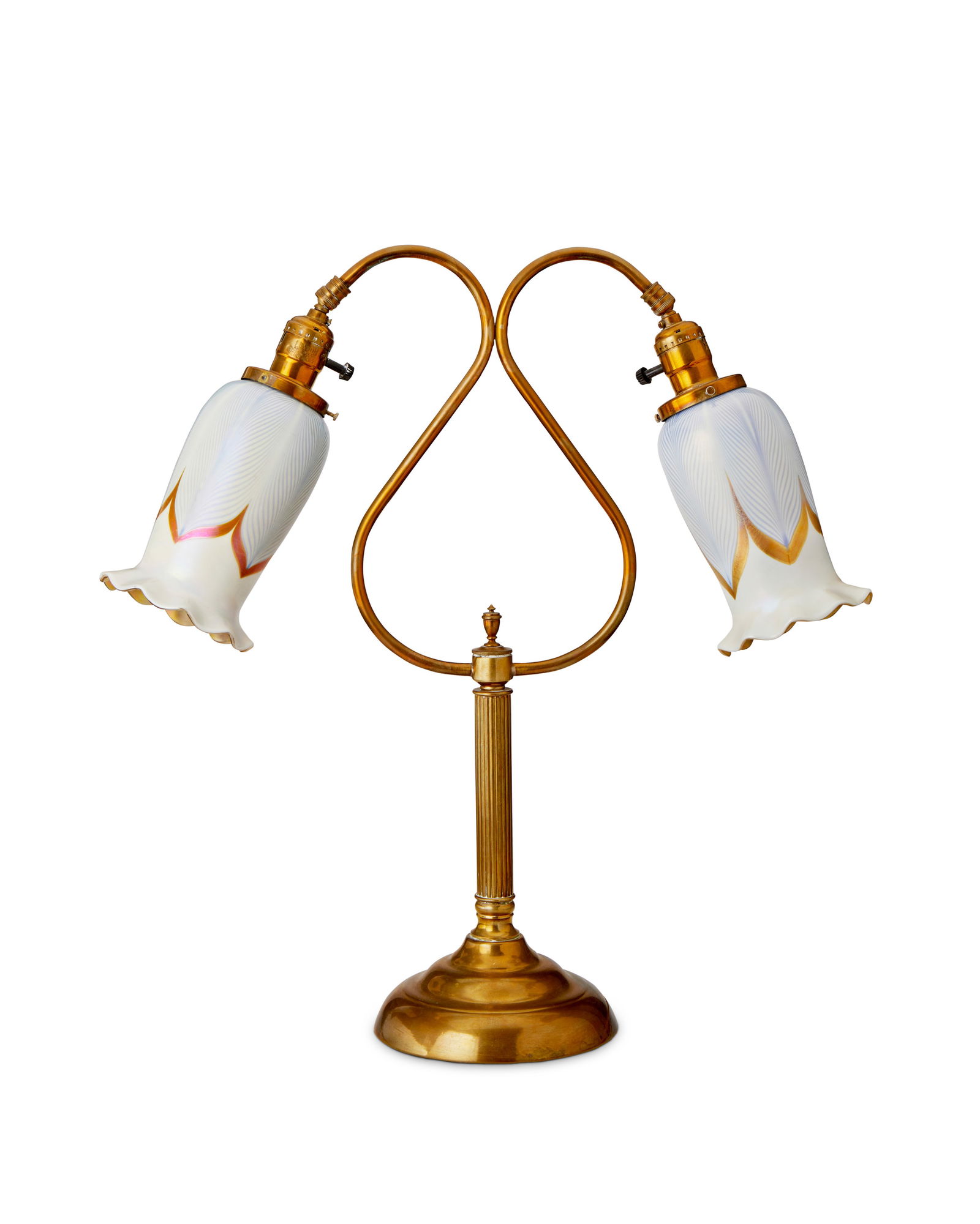 A harp-shaped student lamp with art glass shades (1 of 3)