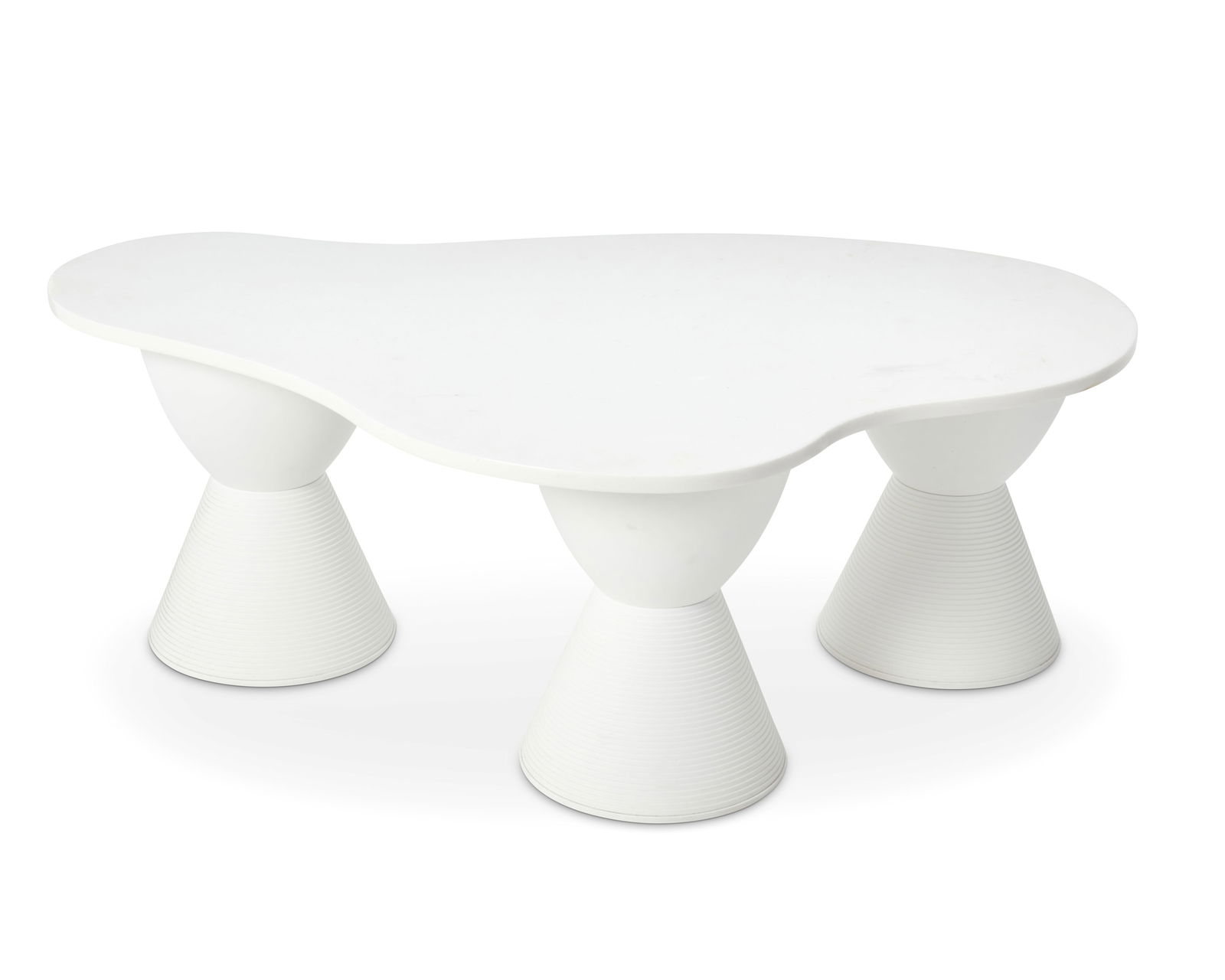 Three Philippe Starck "Prince Aha" stools with marble tabletop: Three Philippe Starck "Prince Aha" stools with marble tabletopEarly 21st centuryEach appears unmarkedThe coffee table comprising three stools repurposed with a later added custom biomorphic