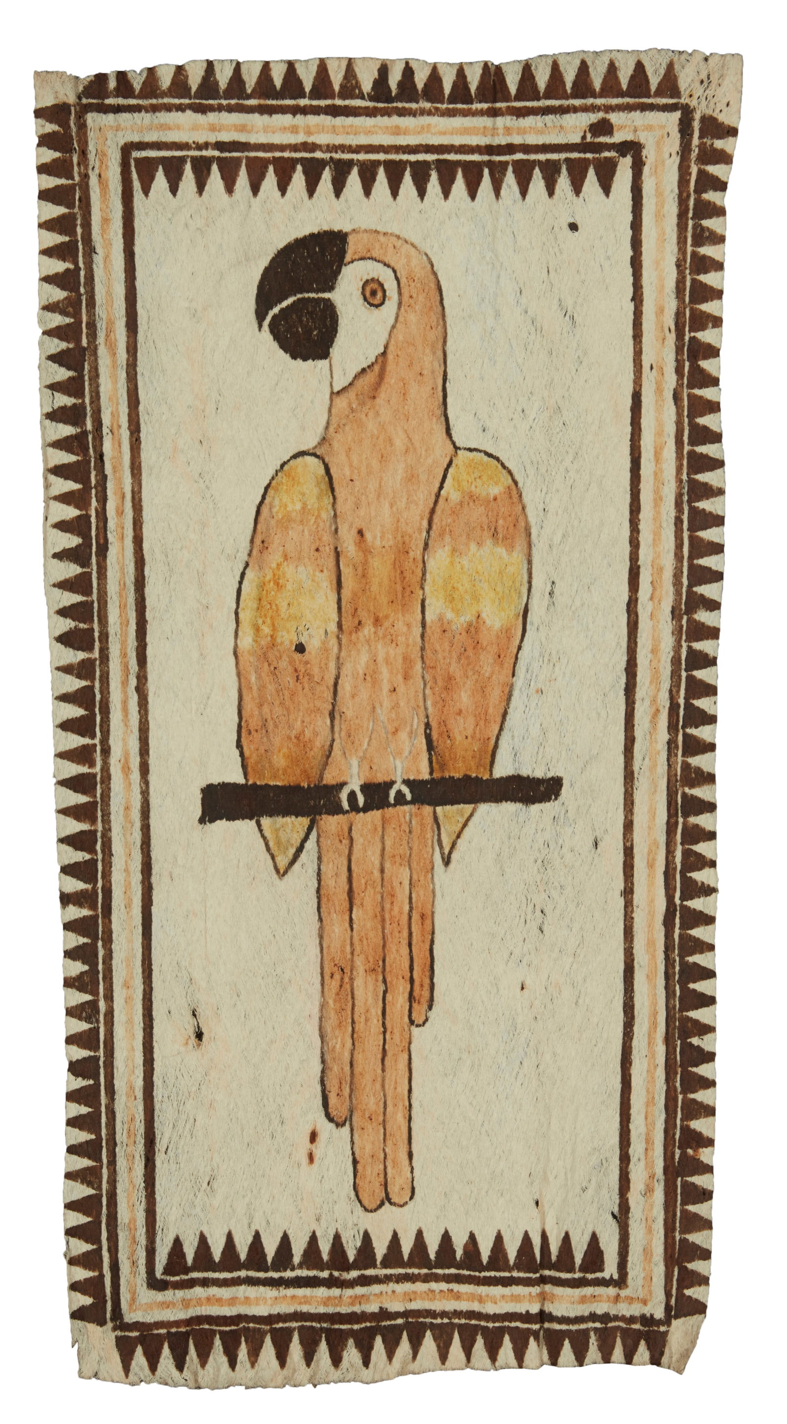 Parrot on a perch, American School 20th century: American School 20th century Parrot on a perch Pigment on barkcloth Unsigned Image/Sheet: 17.5" H x 9.25" W Provenance: Property from a Distinguished Palm Springs Estate
