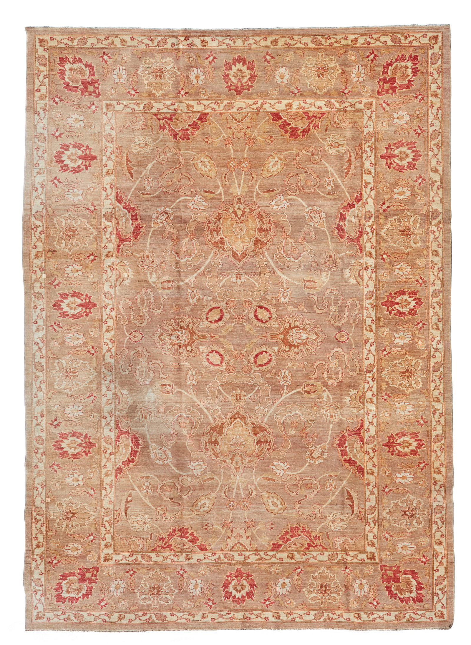 An Indian Agra-style rug: An Indian Agra-style rug Late 20th century Wool on cotton foundation, with floral motifs and vines in hues of red and brown on a brown field 14' 1" L x 10' 2.5" W