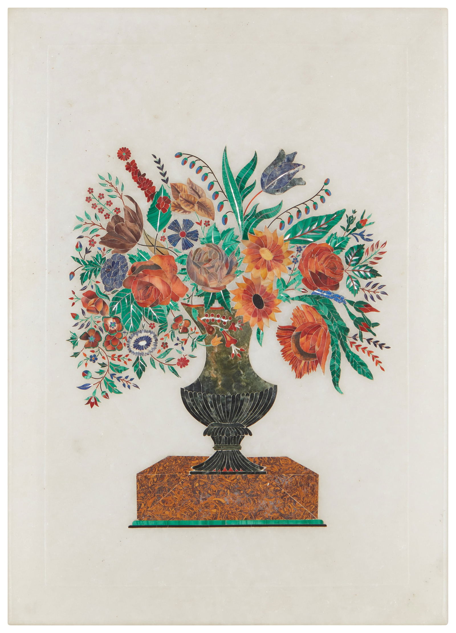 A pietra dura plaque depicting a vase with flowers: A pietra dura plaque depicting a vase with flowers20th centurySigned to verso in Farsi and English: "Mian Naoi Uddin"The white marble plaque with various semi-precious stones and abalone she