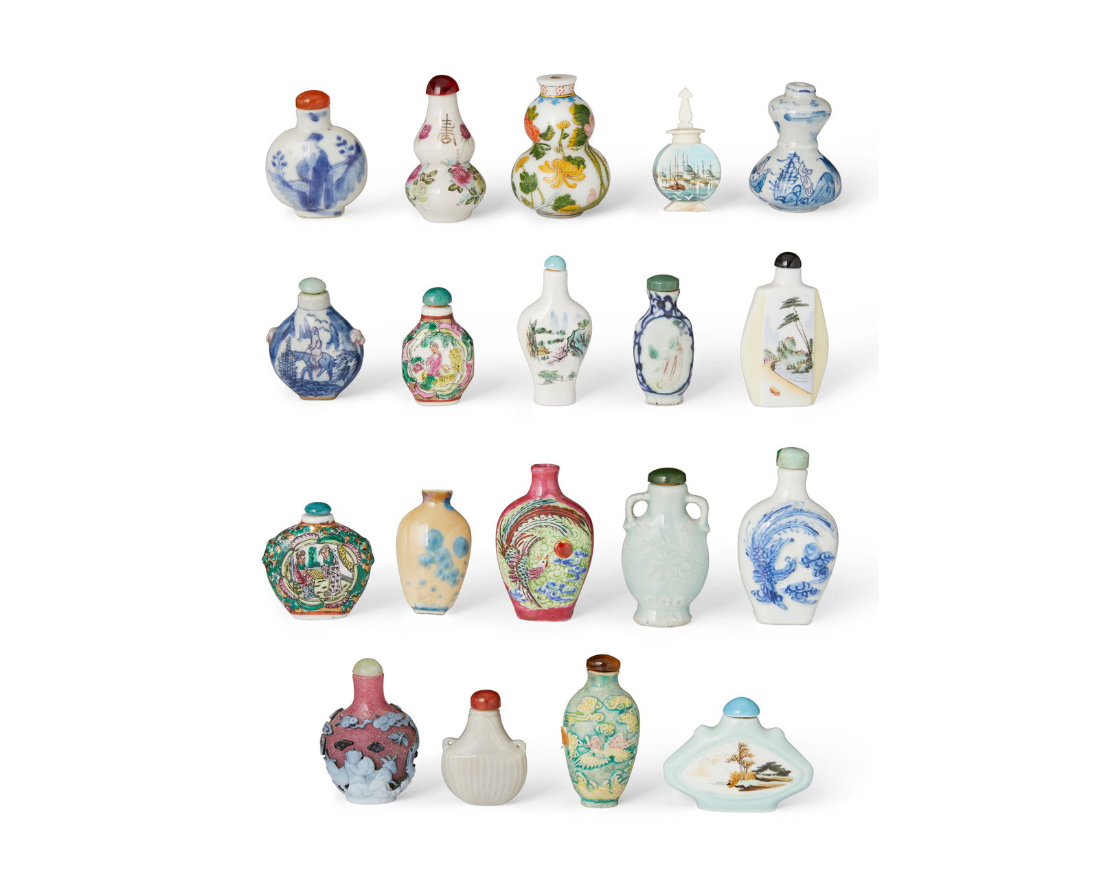 A group of Chinese snuff bottles: A group of Chinese snuff bottles20th centurySome variously marked with apocryphal reign marks or kanji charactersComprising fifteen polychromed porcelain bottles, an opaque white glass bottle, a Guyue