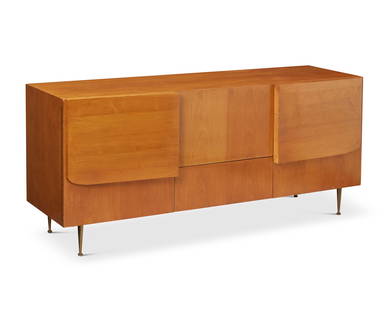 A T.H. Robsjohn-Gibbings for Widdicomb modernist sideboard: A T.H. Robsjohn-Gibbings for Widdicomb modernist sideboard Circa 1950s; Grand Rapids, MI With cloth tag to the top right drawer interior: Widdicomb / designed by T.H. Robsjohn-Gibbings; further