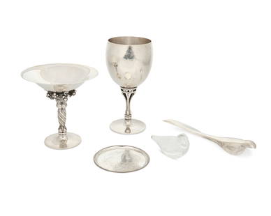 Georg Jensen (1866-1935), A group of sterling silver table items, mid-20th century: Georg Jensen (1866-1935)A group of sterling silver table items, mid-20th centuryEach marked for Georg Jensen and sterling; bird marked: Allan Scharff / 485Comprising a tazza compote with grape motif 2