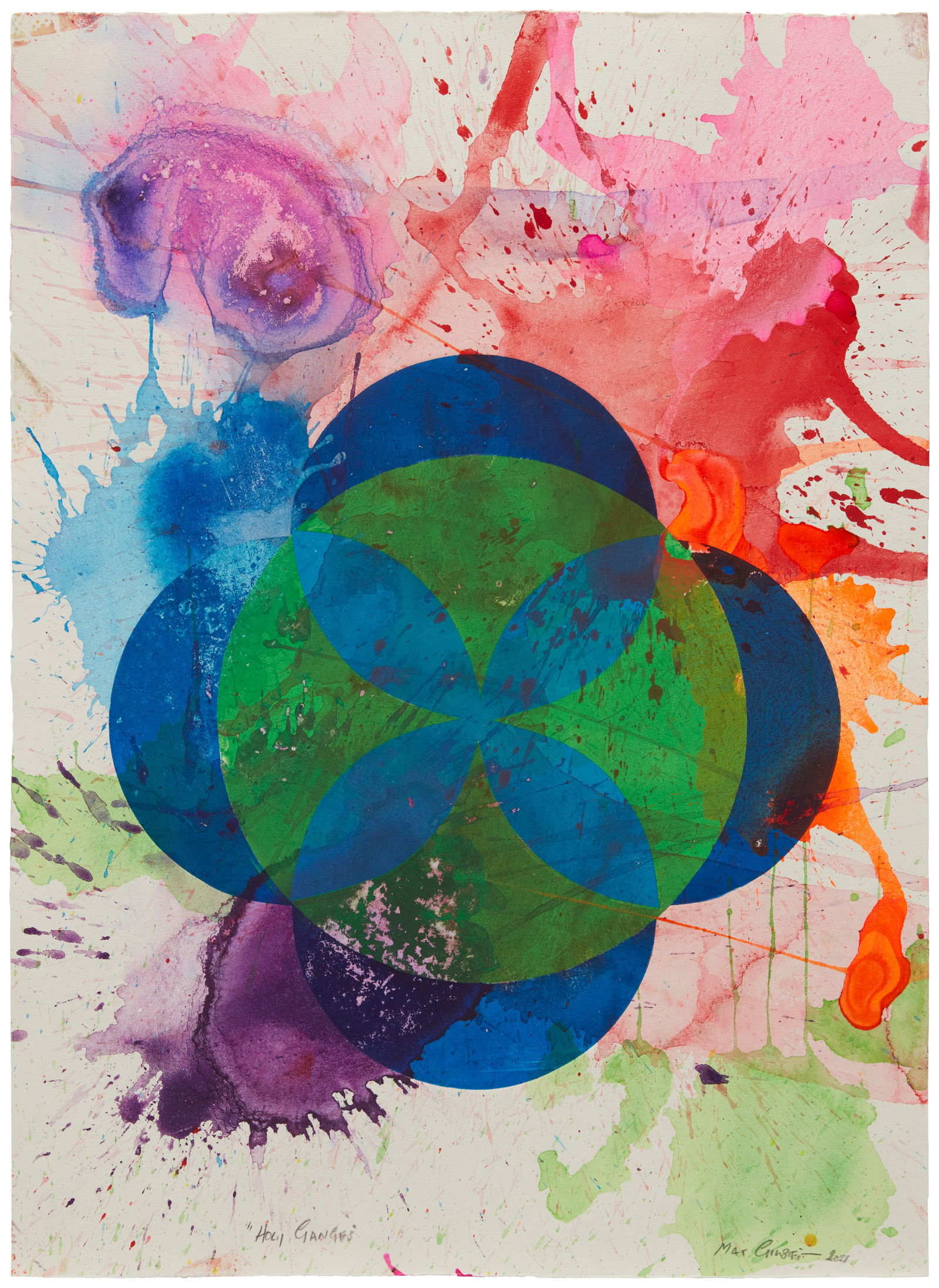 Max Gimblett (b. 1935), "Holy Ganges," 2021: Max Gimblett(b. 1935)"Holy Ganges," 2021Acylic paint with monotype and collage on wove paper,Signed, titled, and dated in pencil at the lower sheet edge: Max Gimblett; with the artist's, Kat