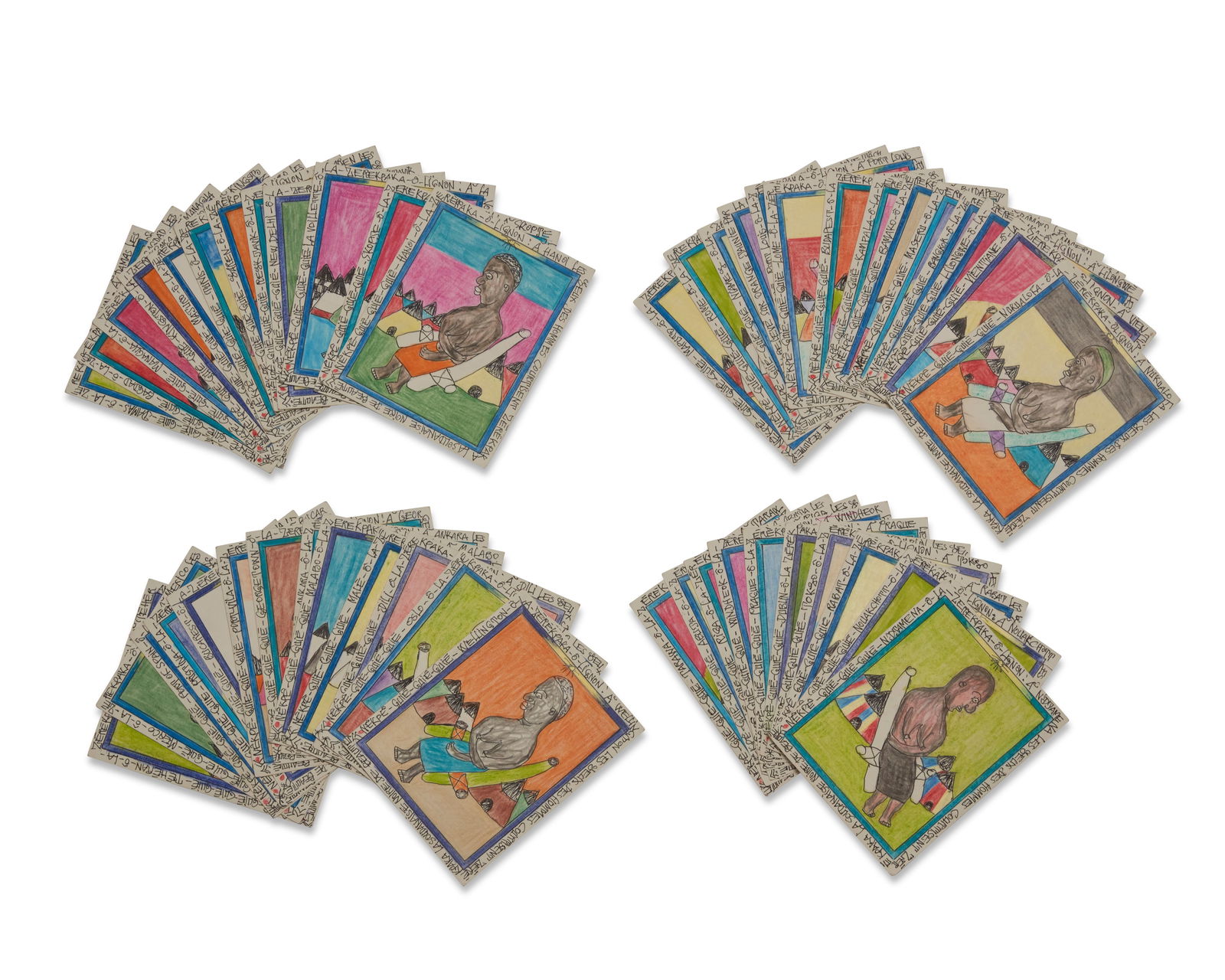 Frederic Bruly Bouabre (1923-2014), "Guie Guie: Les Yeux des Hommes Zerepkapka observe devant sa: Frederic Bruly Bouabre(1923-2014)"Guie Guie: Les Yeux des Hommes Zerepkapka observe devant sa case la beaute d'une femmes," 2006Ink, colored crayon, and pencil on cardEach: signed and dated