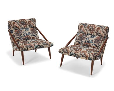 A pair of Gio Ponti for M. Singer and Sons lounge chairs: A pair of Gio Ponti for M. Singer & Sons lounge chairsMid-20th centuryOne with paper tag to underside: Sheraton DecoratorsEach floral upholstered chair with diagonal carved wood arms joined with brass