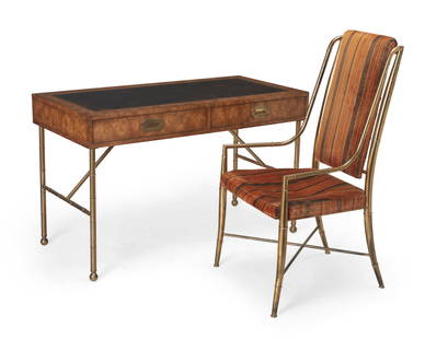 A Mastercraft burlwood and brass desk and chair: A Mastercraft burlwood and brass desk and chairMid-20th centuryDesk with cloth tag to drawer interior: Mastercraft Furniture Co. / Grand Rapids, Mich.Comprising a desk with burlwood veneer centering a