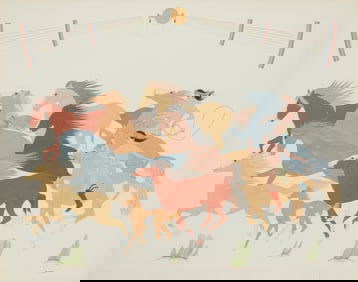 Harrison (Haskay Yahne Yah) Begay (1914-2012, Navajo/Dine), "Old Time Navajo Wild Horse Round-Up",