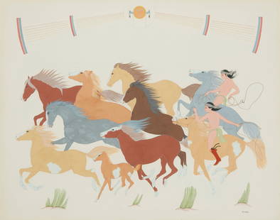 Harrison (Haskay Yahne Yah) Begay (1914-2012, Navajo/Dine), "Old Time Navajo Wild Horse Round-Up",: Harrison (Haskay Yahne Yah) Begay (1914-2012, Navajo/Dine) "Old Time Navajo Wild Horse Round-Up" Gouache on paper Signed lower right: Harrison Begay; titled on a label affixed to the