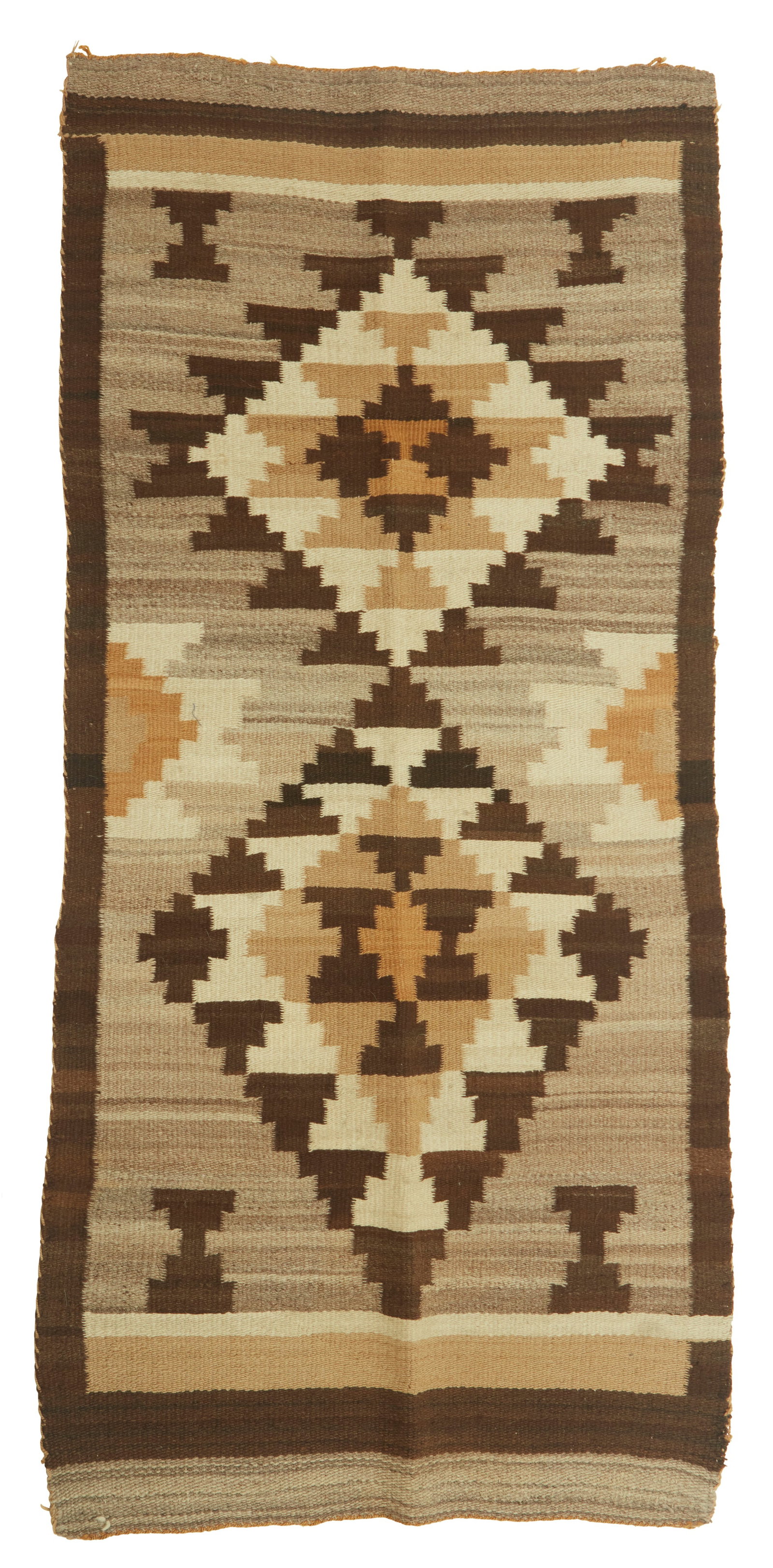A Navajo regional rug: A Navajo regional rug Mid-20th century, Dine Woven in brown, beige, and tan natural wools with two stepped diamonds 61.75" H x 29.75" W
