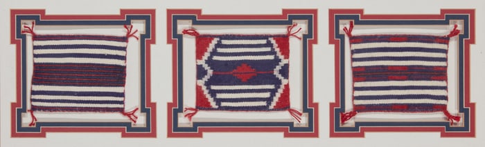 A framed Navajo chief's blanket weaving sampler