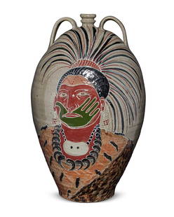 Michel Bayne (b. 1959), A large Folk Art pottery jug, late 20th/21st century: Michel Bayne (b. 1959)A large Folk Art pottery jug, late 20th/21st centuryIncised to side: Bayne / Maker/ SCThe ovoid stoneware jug with dual portraits of Native American men rendered in colorful glaz