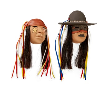 Fannie Loretto (b. 1951, Jemez/Isleta Pueblo), Two polychrome pottery masks, 21st century