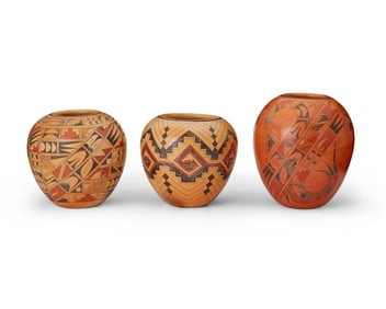 Gloria Kahe (b. 1951, Dine), Three polychrome pottery pots, late 20th century