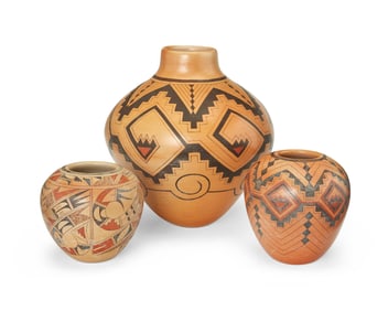 Gloria Kahe (b. 1951, Dine), Three yellowware polychrome pottery vessels, late 20th century