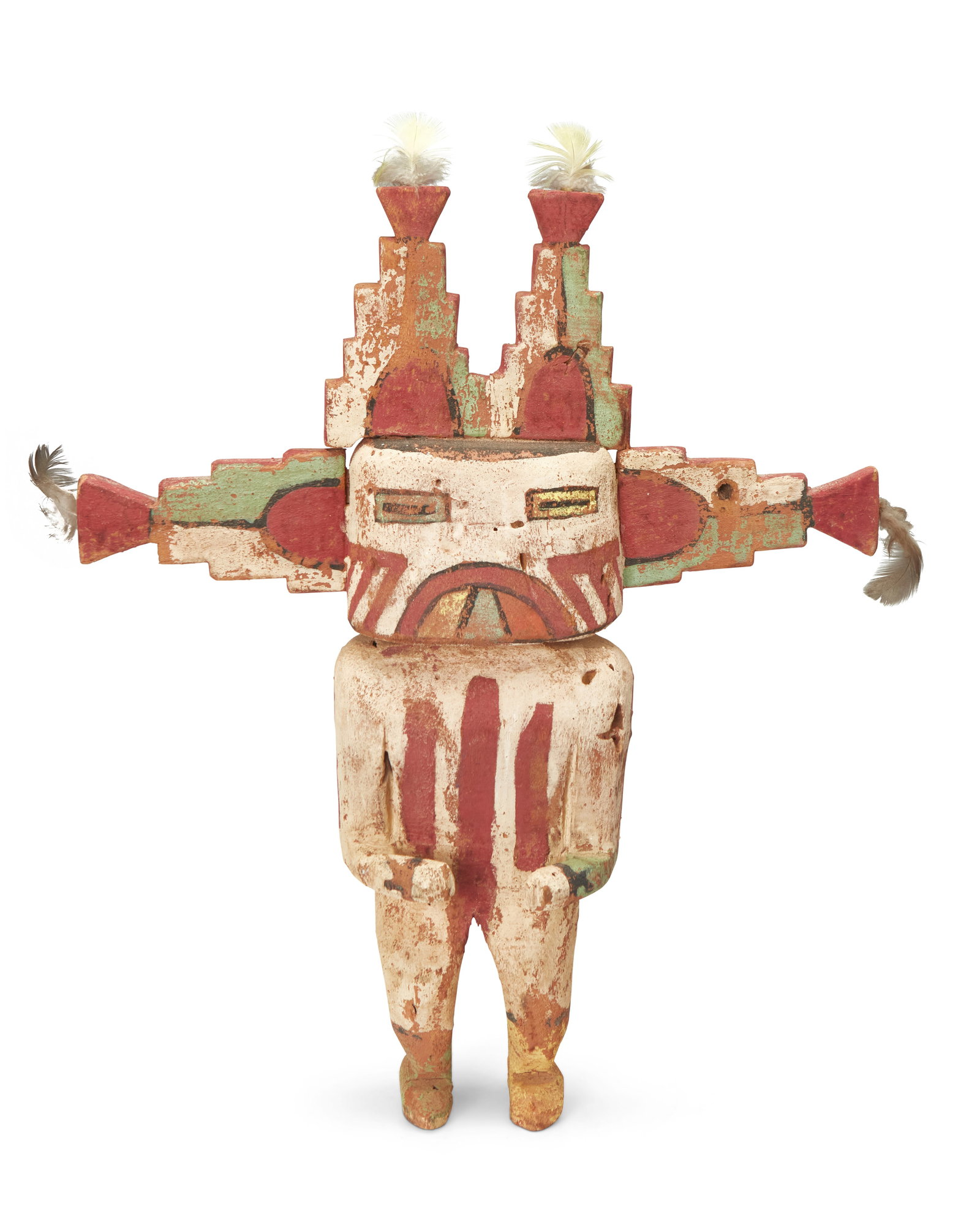 A Southwest-style kachina doll: A Southwest-style kachina doll Mid-20th century Unmarked The carved and polychromed cottonwood cloud maiden figure with mounted feathers 16" H x 14.5" W x 3.625" D