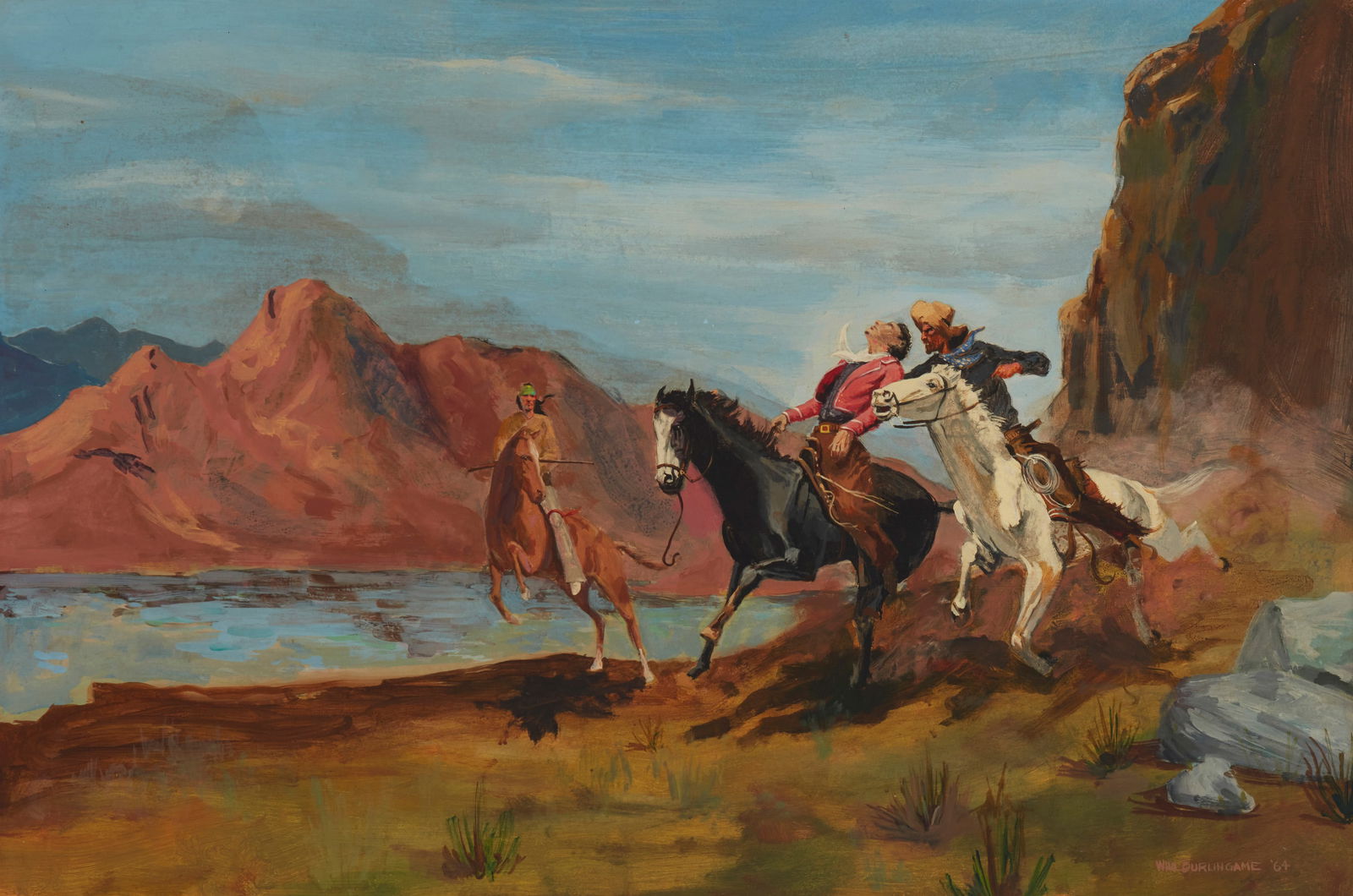 William Burlingame (b. 1942), Figures on horseback in Southwest landscape, 1964, Oil on Masonite,: William Burlingame(b. 1942)Figures on horseback in Southwest landscape, 1964Oil on MasoniteSigned and dated lower right: Will Burlingame24" H x 36" H